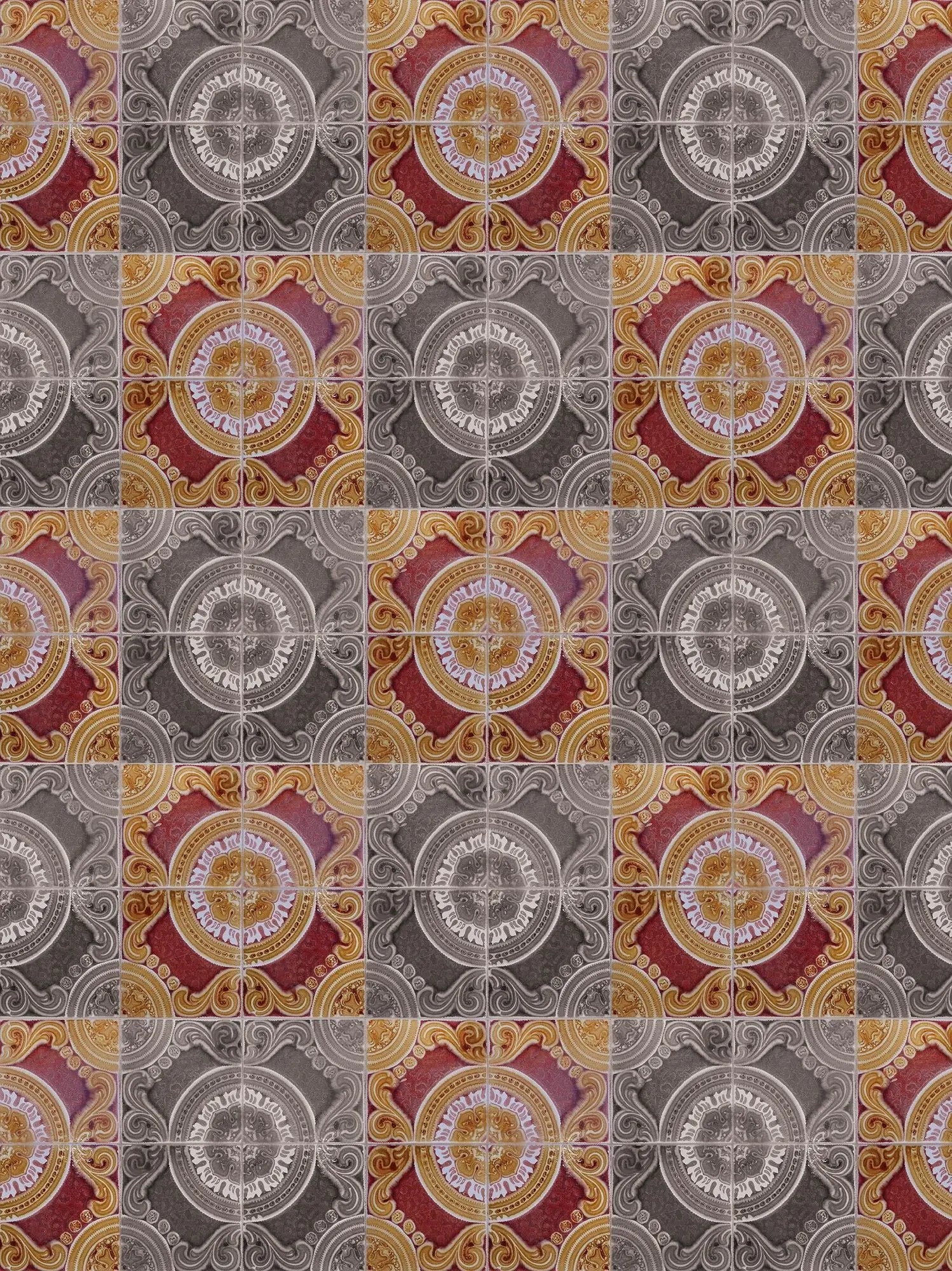 Billede 14 af Fototapet - Gentagende mønster med runde geometriske former i røde og grå toner