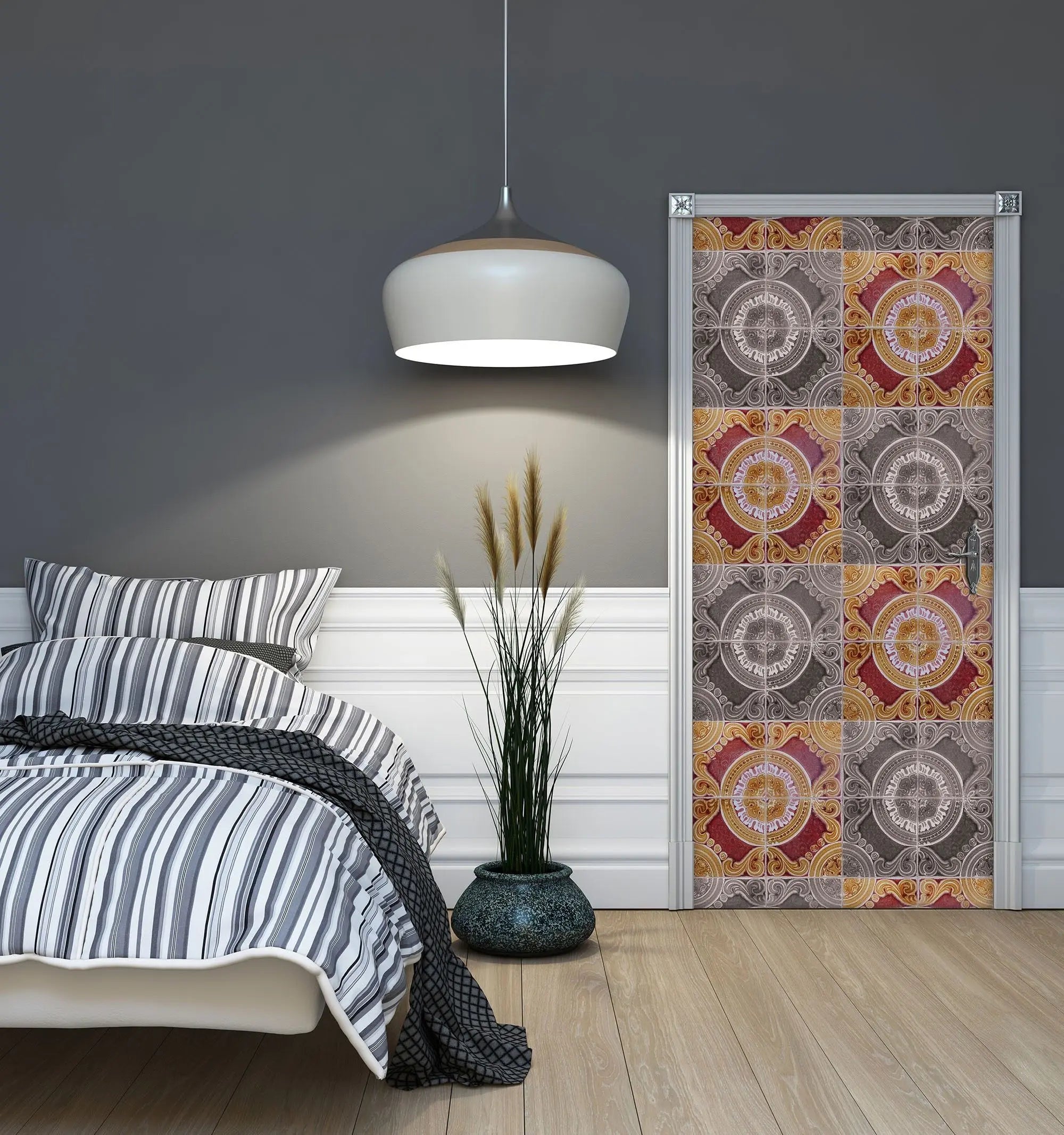 Billede 5 af Fototapet - Gentagende mønster med runde geometriske former i røde og grå toner