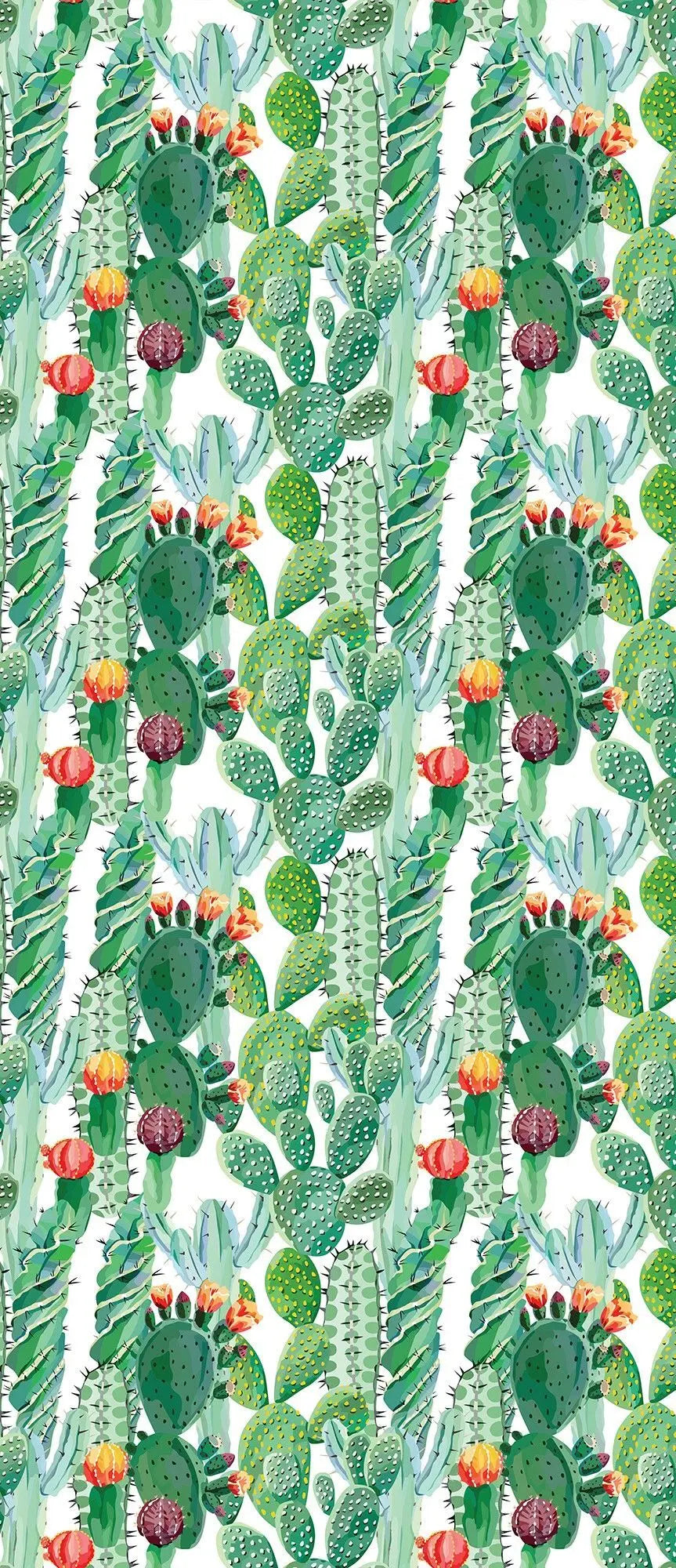 Billede 20 af Fototapet - Gentaget mønster af grønne kaktusser med røde blomster