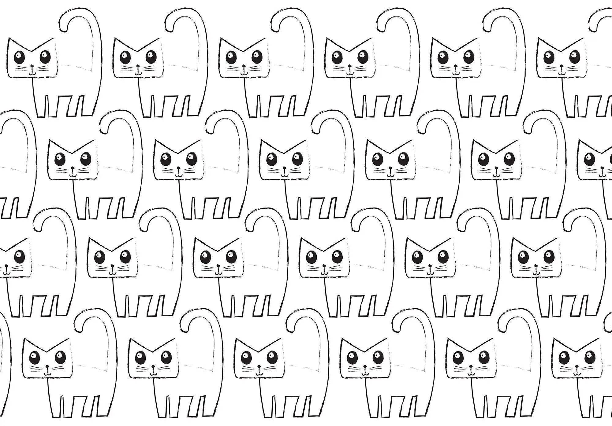 Billede 1 af Fototapet - Gentaget mønster af sort-hvide tegneseriekatte på hvid baggrund