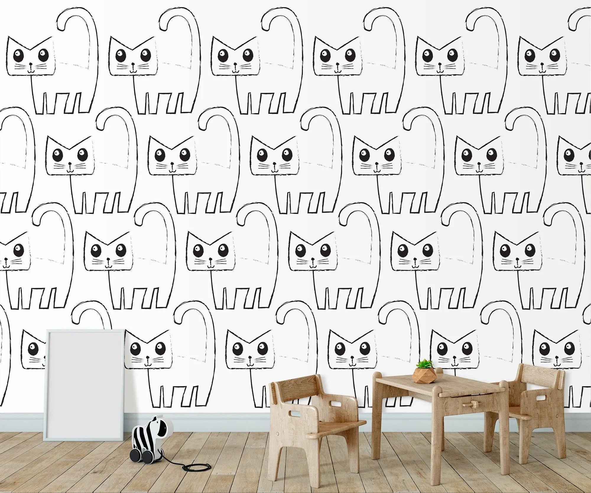 Billede 2 af Fototapet - Gentaget mønster af sort-hvide tegneseriekatte på hvid baggrund