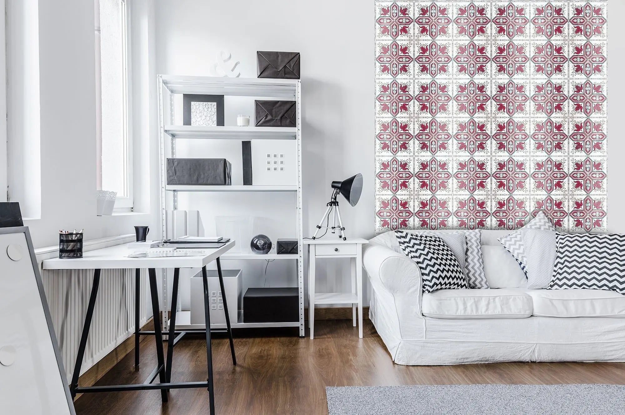 Billede 21 af Fototapet - Gentaget mønster med røde og blå geometriske former