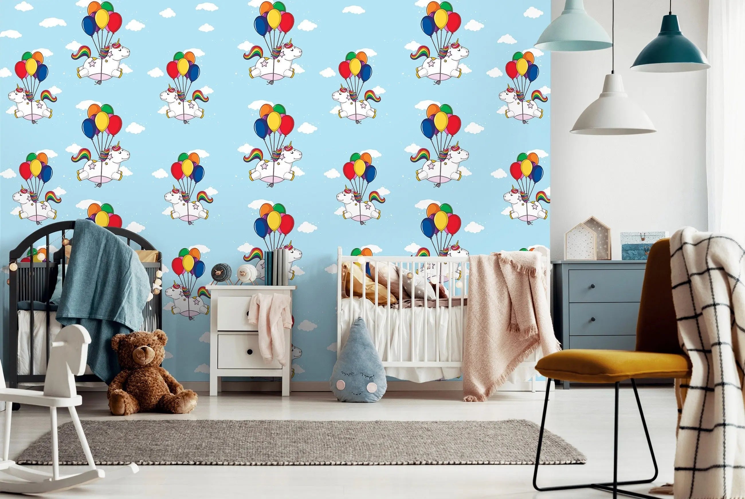 Billede 6 af Fototapet - Gentagne enhjørninger med balloner på blå baggrund