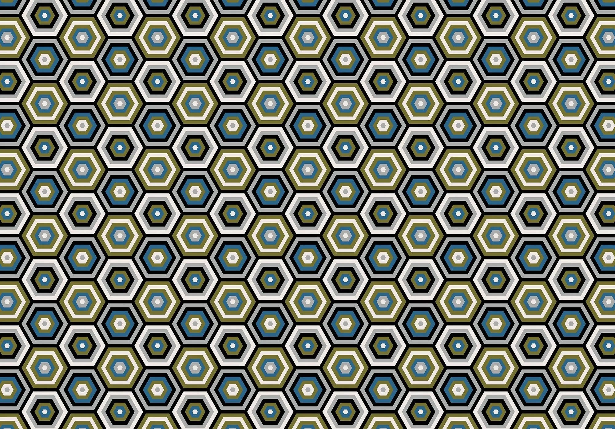 Billede 1 af Fototapet - Gentagne sekskantede mønstre i sort, blå og grøn