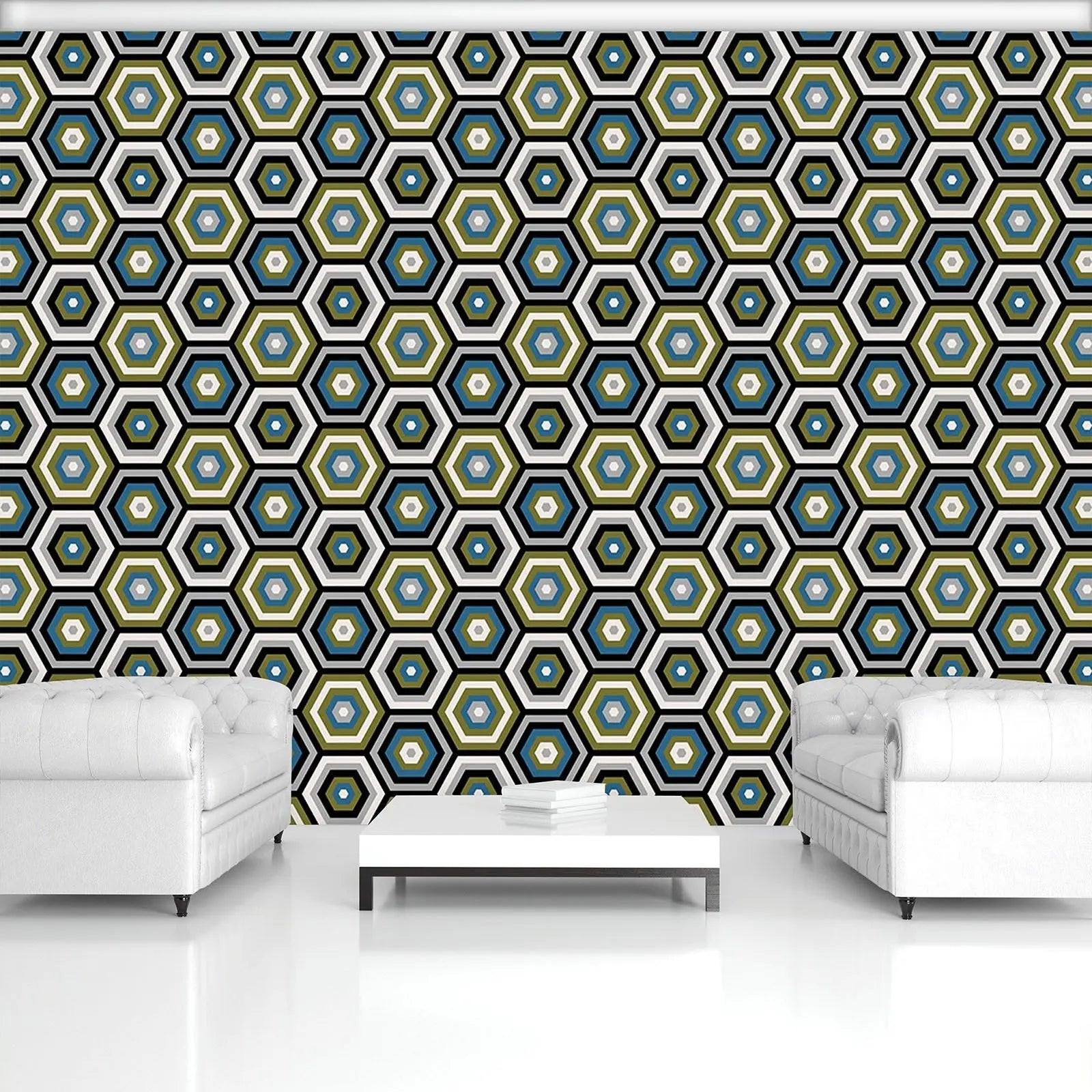 Billede 2 af Fototapet - Gentagne sekskantede mønstre i sort, blå og grøn
