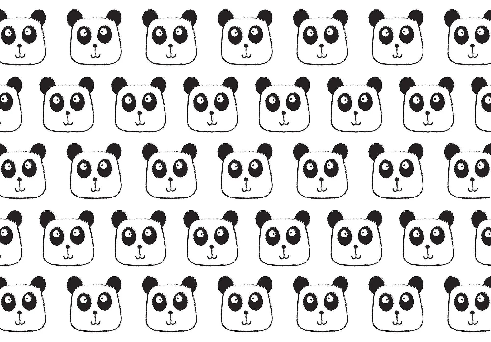 Billede 1 af Fototapet - Gentagne sort-hvide tegninger af pandahoveder