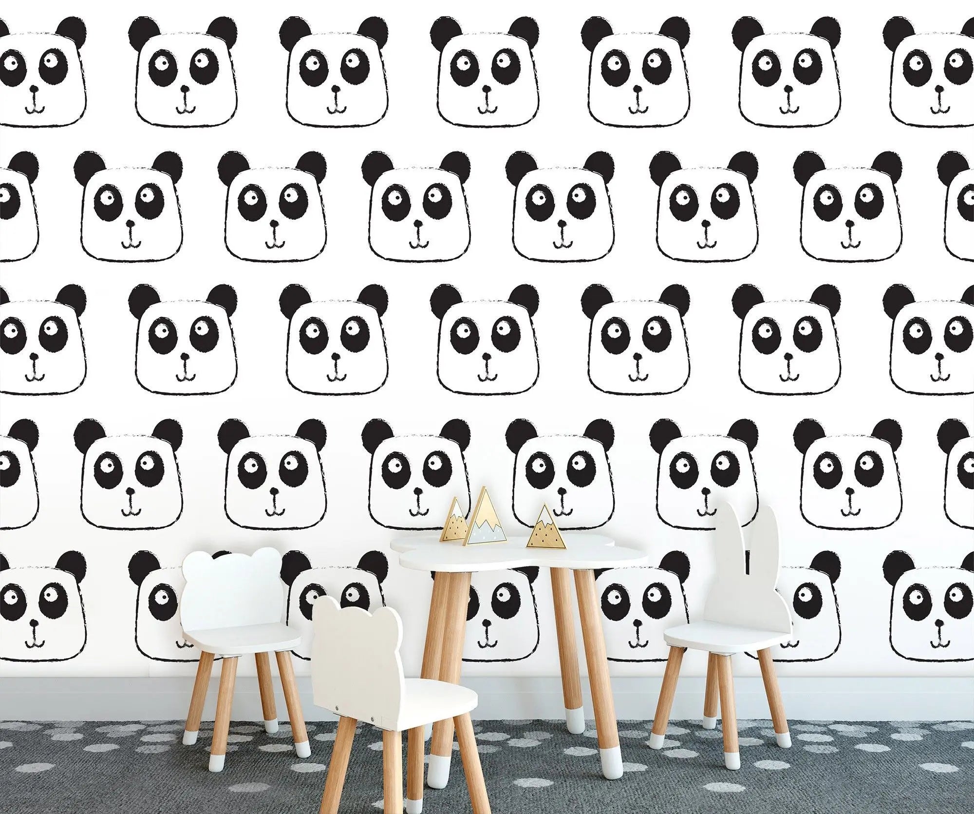 Billede 2 af Fototapet - Gentagne sort-hvide tegninger af pandahoveder