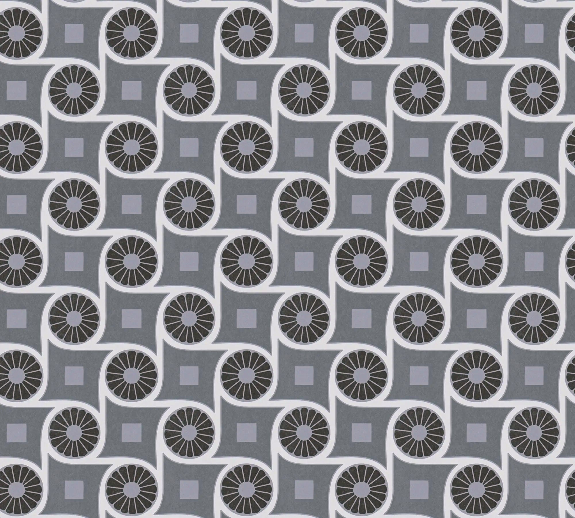Geometric Harmony - Charcoal Dream tapet med geometrisk mønster af cirkler og kvadrater i gråtoner.