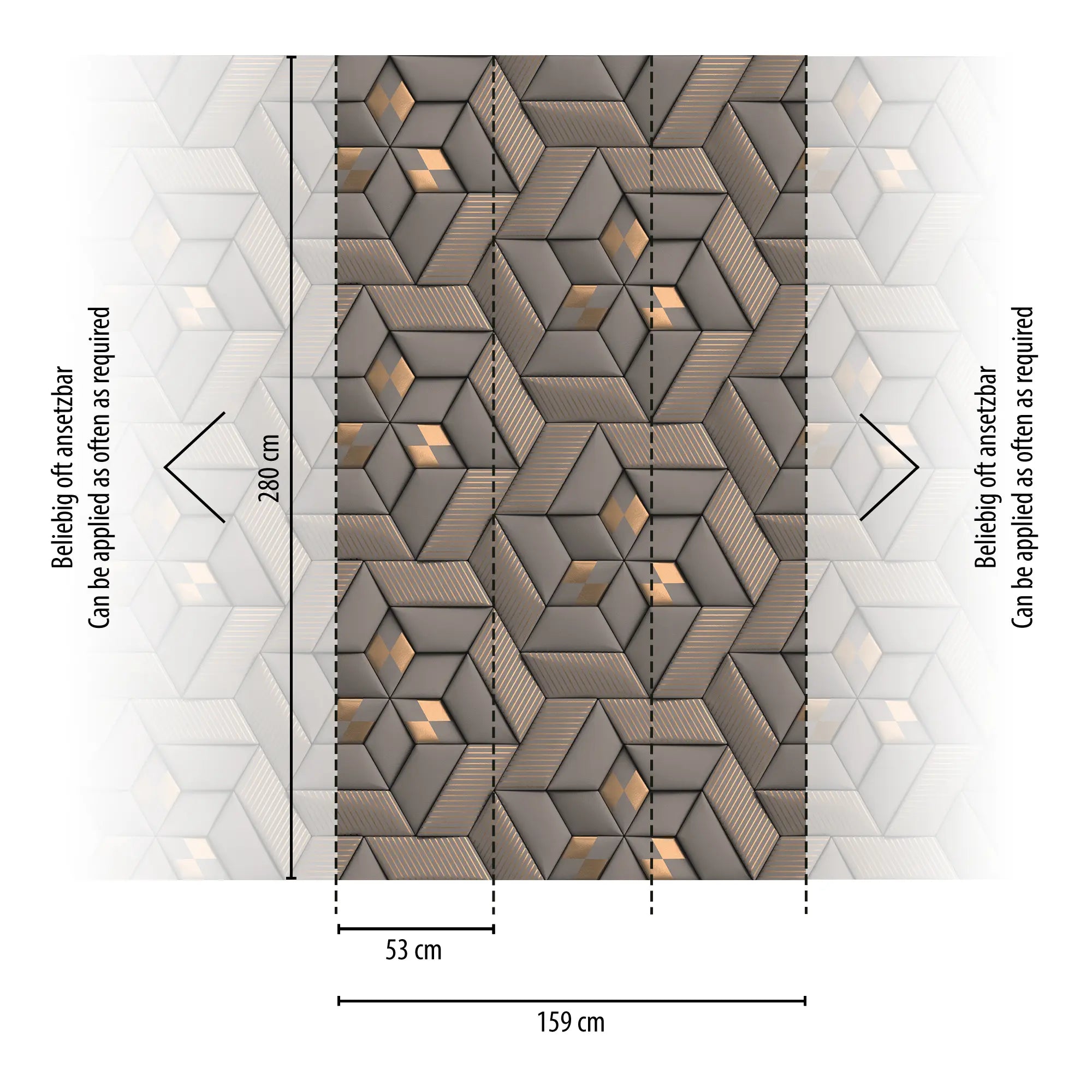 Diagram der viser dimensionerne af Geometric Whirl - Sandstone tapet, med opmålinger og gentagelsesmuligheder hos Nicetapet.dk.
