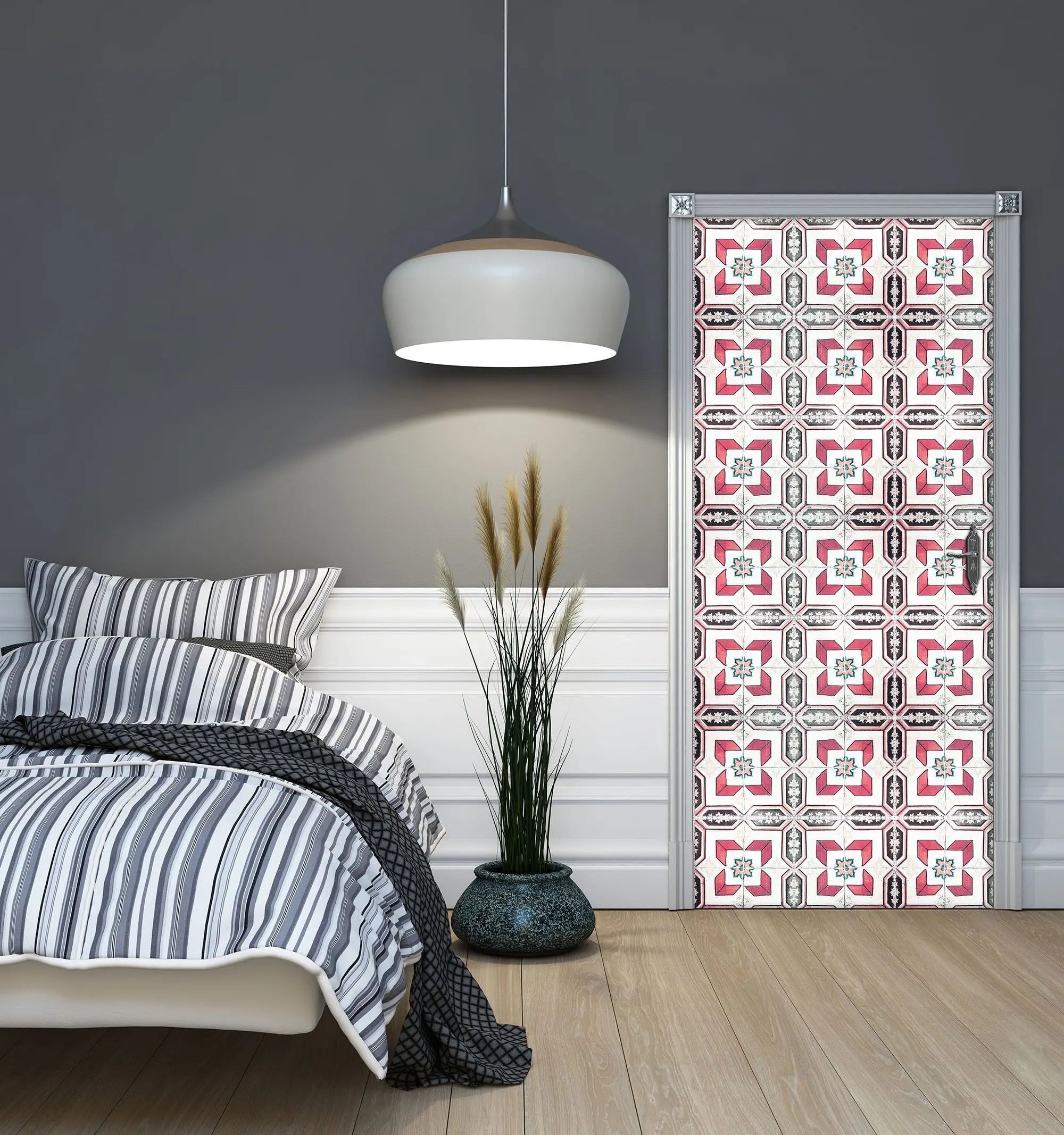 Billede 10 af Fototapet - Geometrisk flisemønster med røde stjerner og grå firkanter