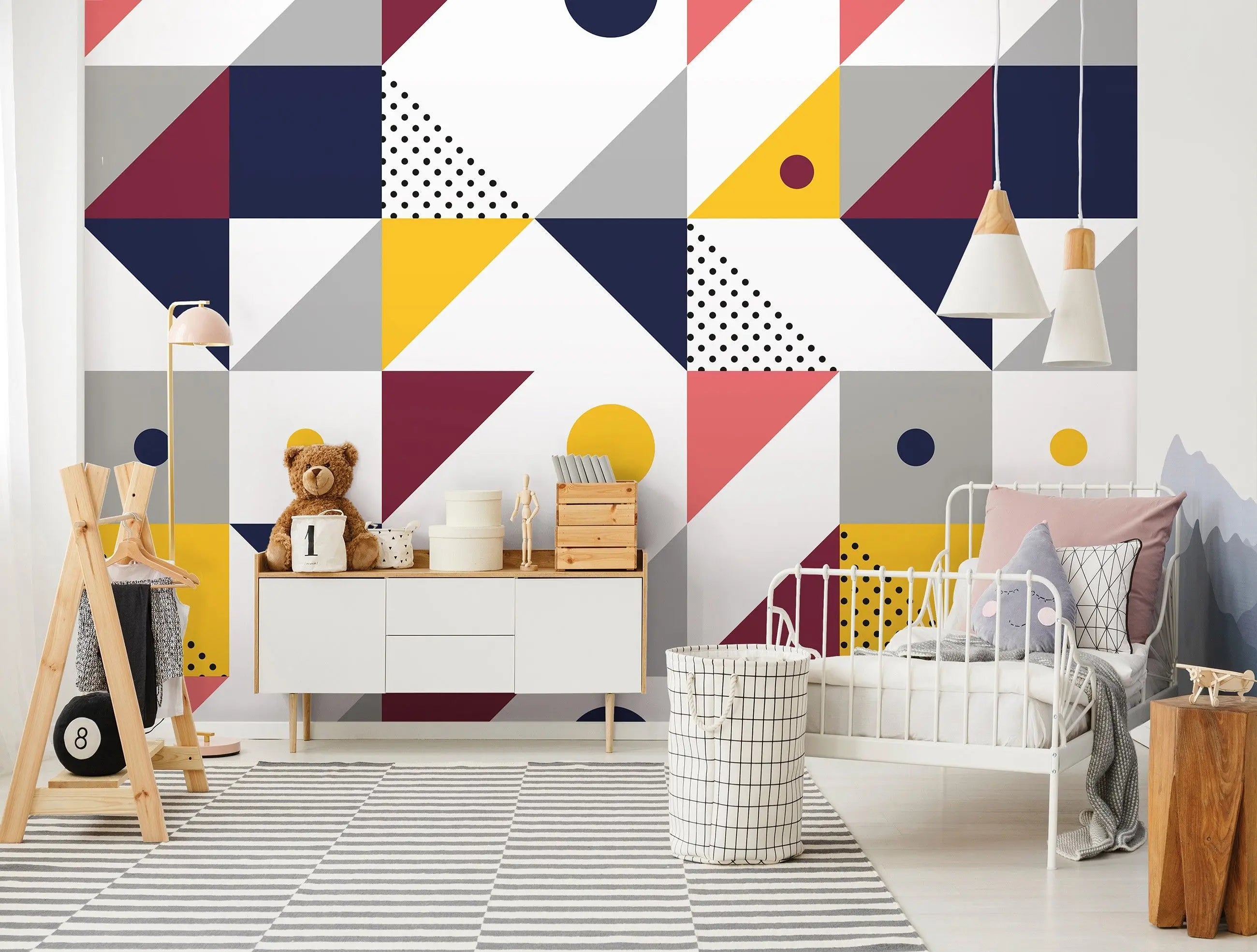 Billede 11 af Fototapet - Geometrisk mønster med farvede trekanter og cirkler