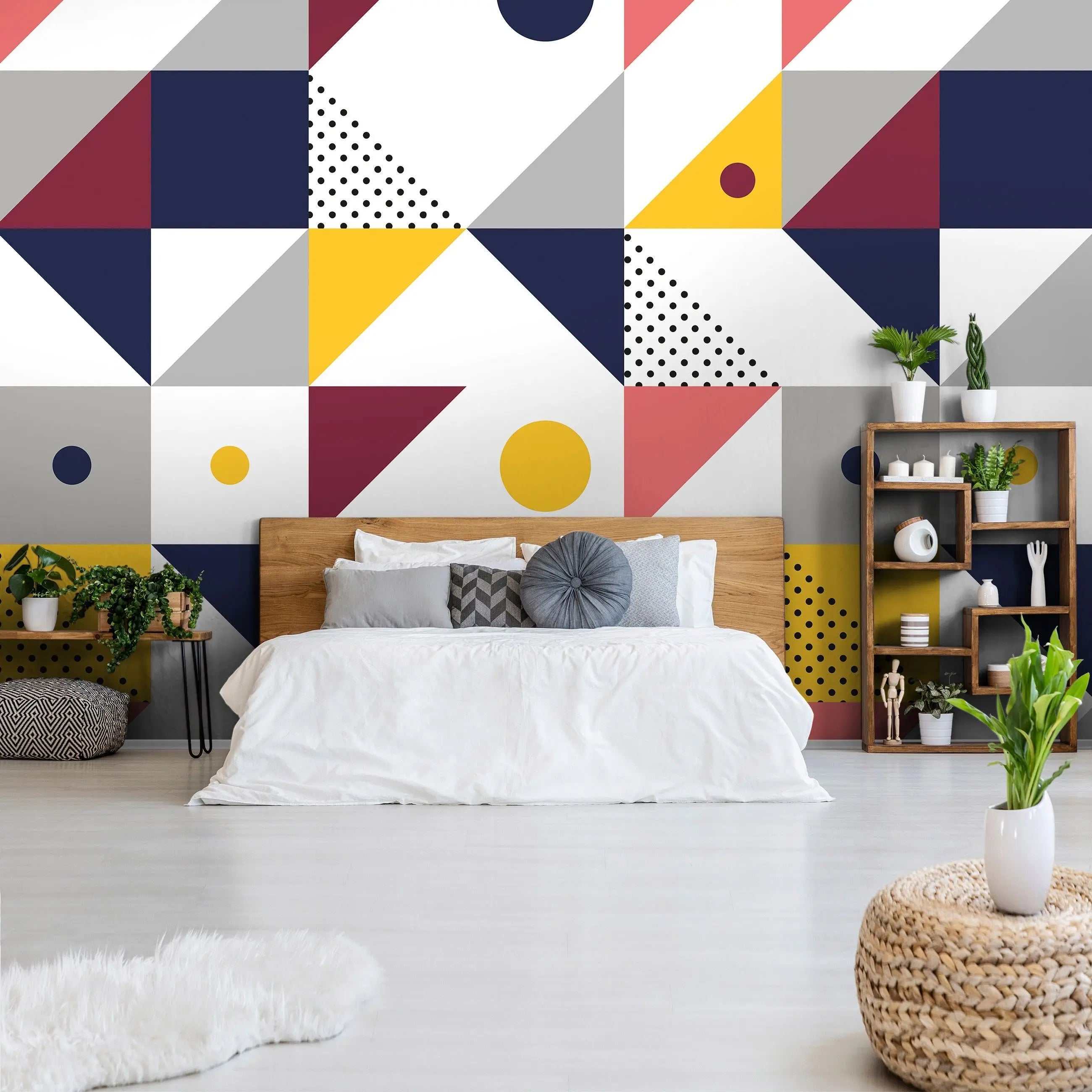 Billede 12 af Fototapet - Geometrisk mønster med farvede trekanter og cirkler