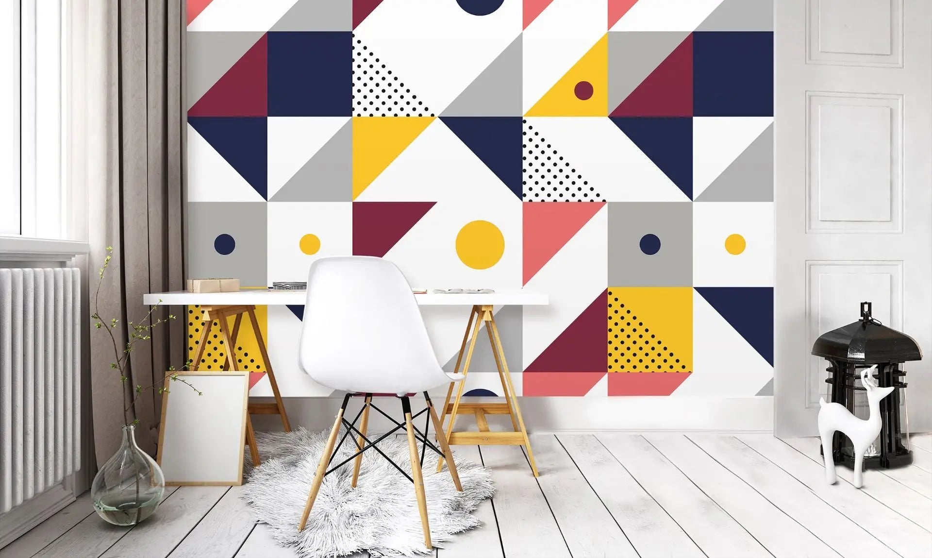 Billede 3 af Fototapet - Geometrisk mønster med farvede trekanter og cirkler