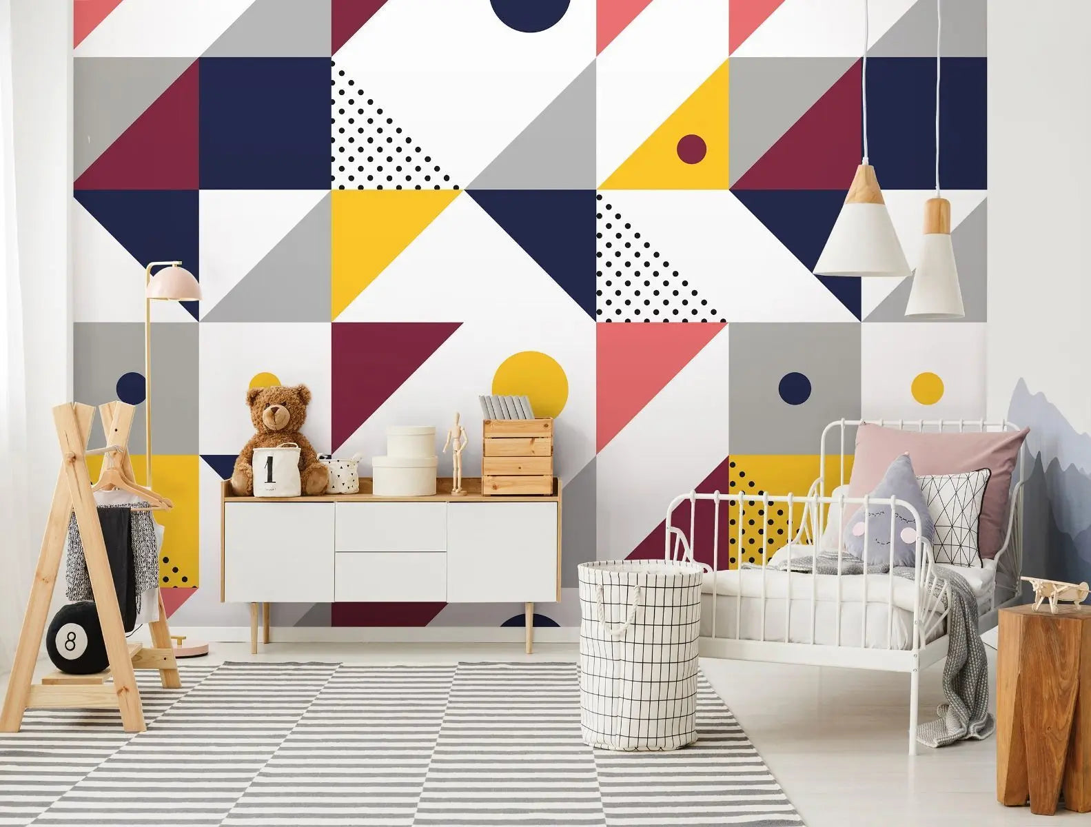 Billede 4 af Fototapet - Geometrisk mønster med farvede trekanter og cirkler