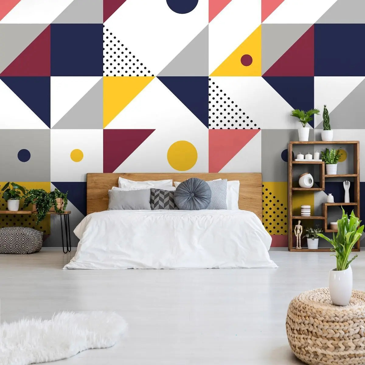 Billede 5 af Fototapet - Geometrisk mønster med farvede trekanter og cirkler