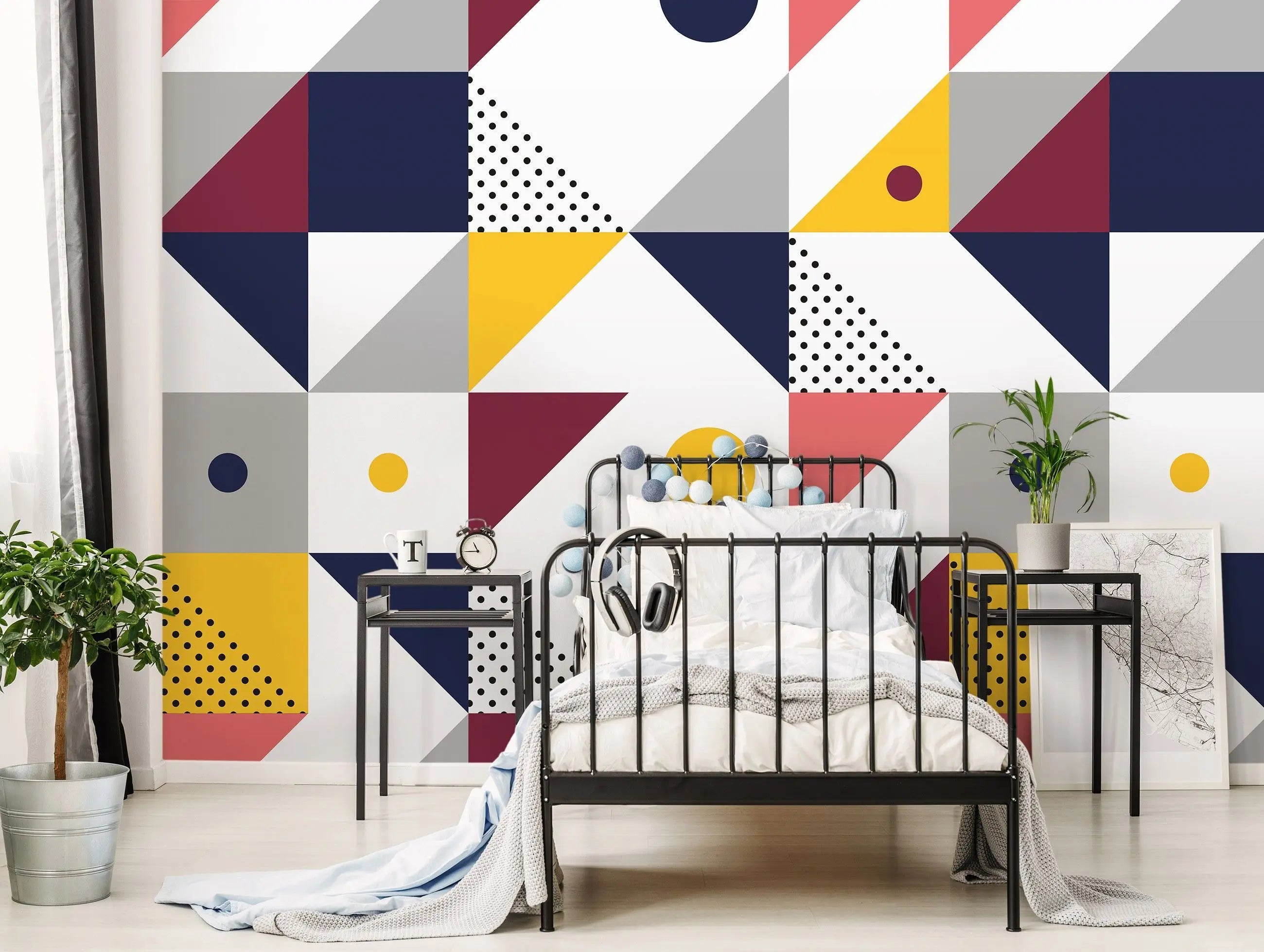 Billede 9 af Fototapet - Geometrisk mønster med farvede trekanter og cirkler