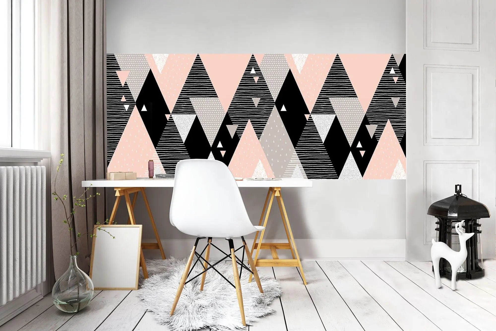 Billede 8 af Fototapet - Geometriske trekanter i sort, hvid, grå og rosa