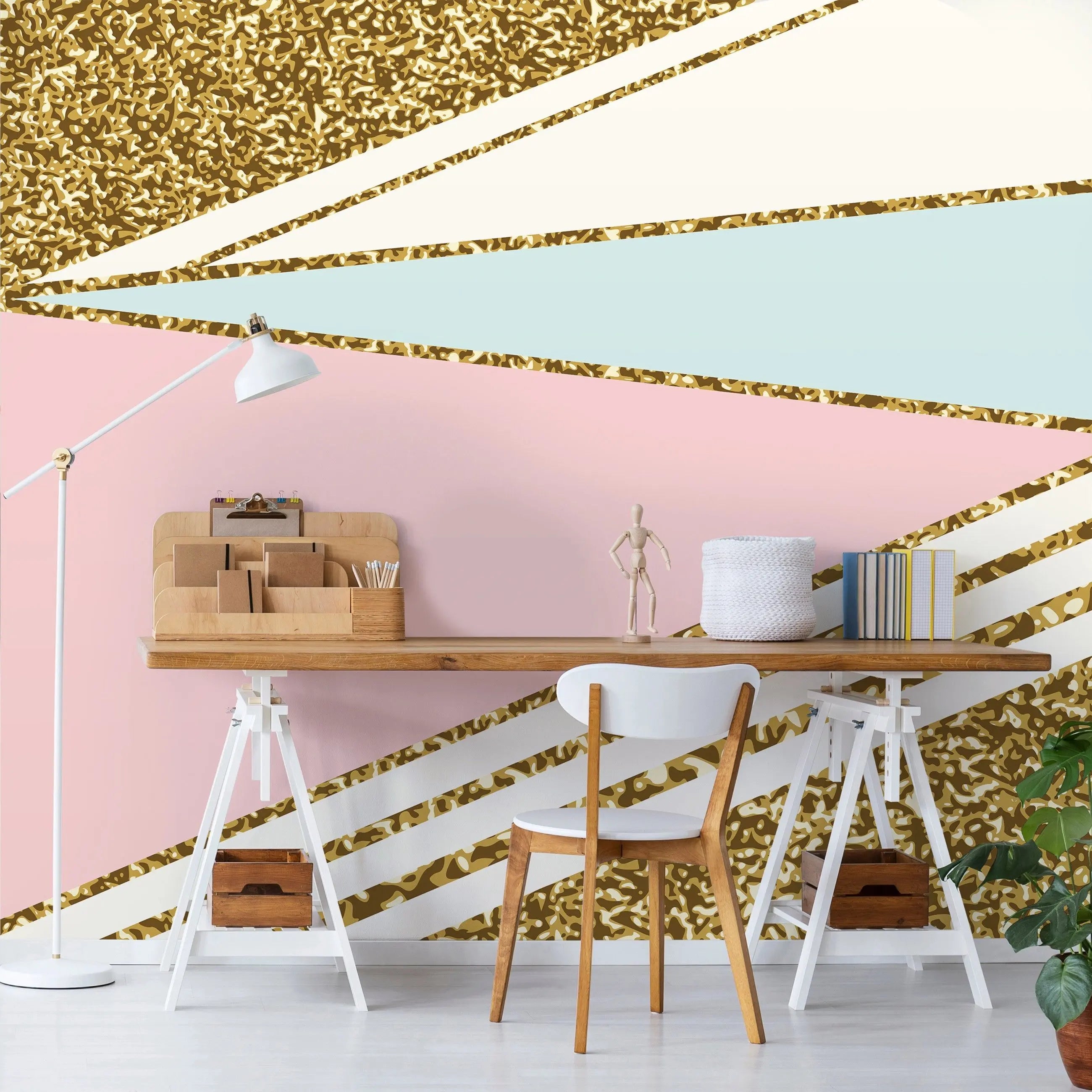 Billede 5 af Fototapet - Geometriske trekanter med guldglimmer og pastelfarver