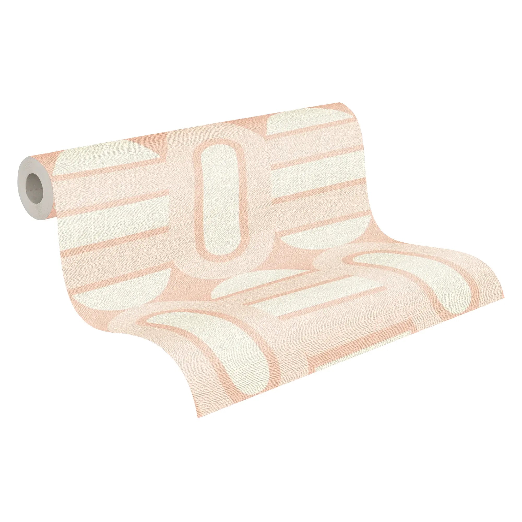 En rulle af Gloria - Blush Whisper tapet med geometrisk mønster i lyserøde toner på en hvid baggrund.