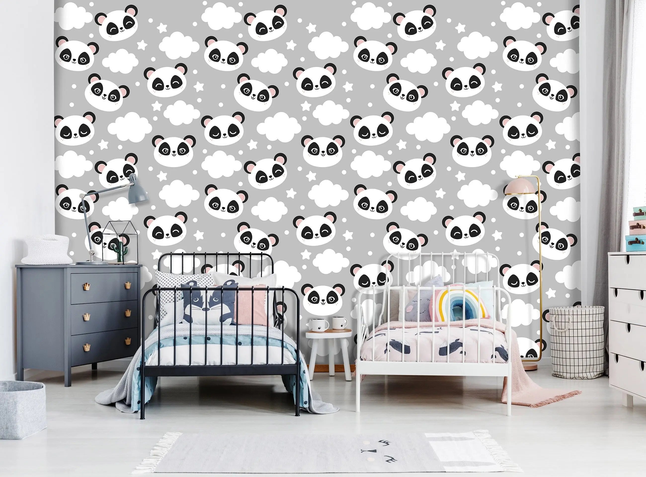 Billede 5 af Fototapet - Grå baggrund med pandaansigter og hvide skyer