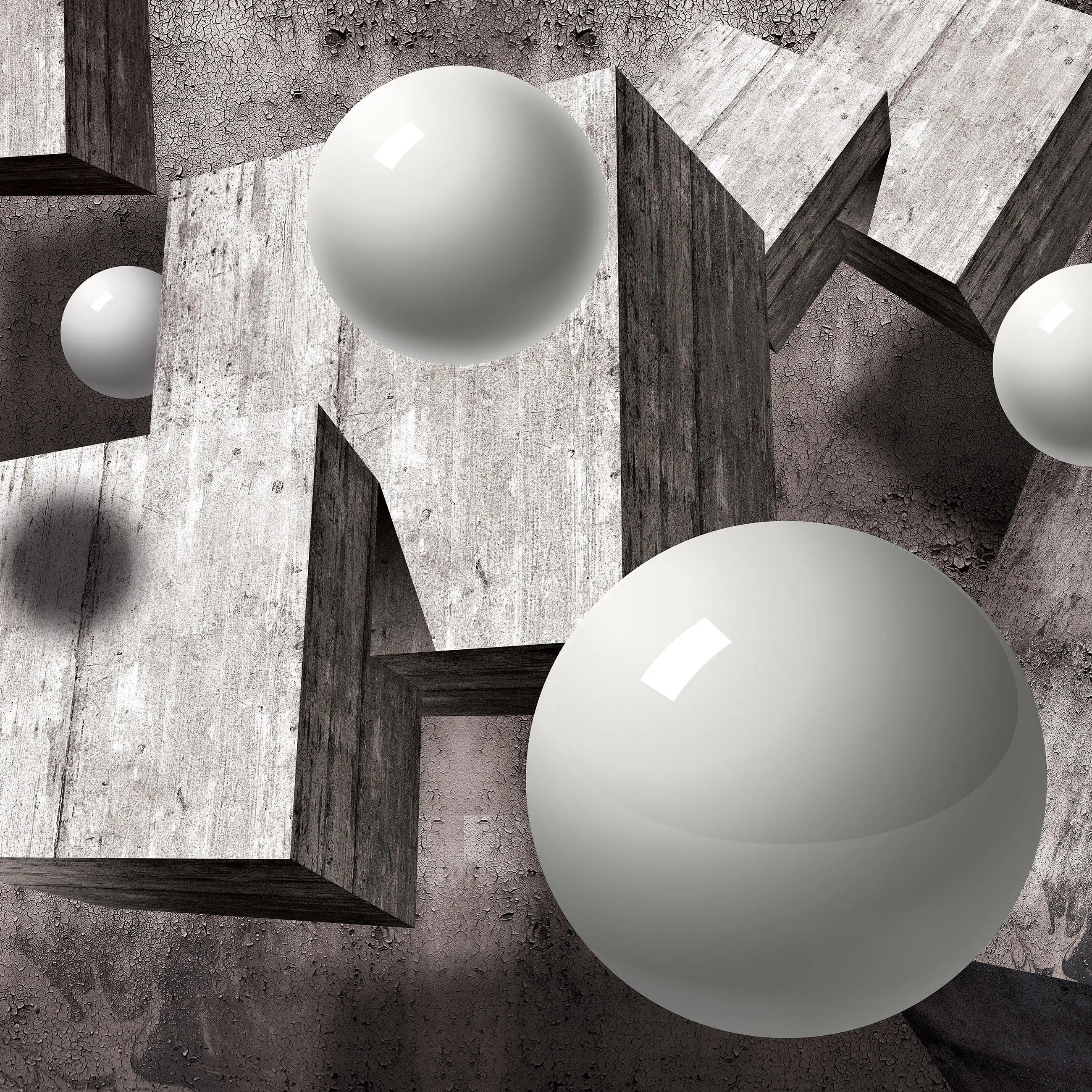 Billede 9 af Fototapet - Grå betonblokke og hvide kugler på rustik baggrund