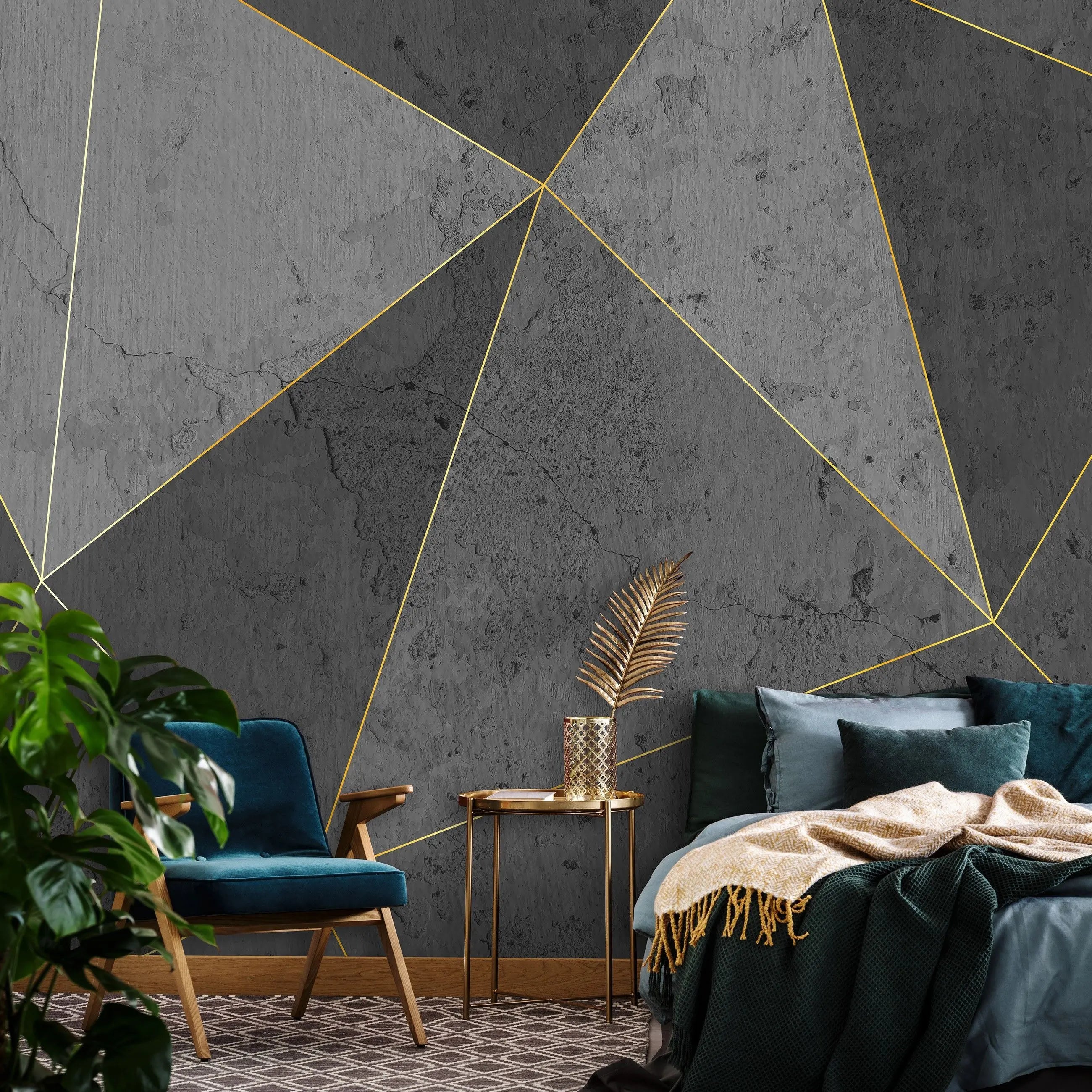 Billede 13 af Fototapet - Grå betonoverflade med geometriske guldlinjer