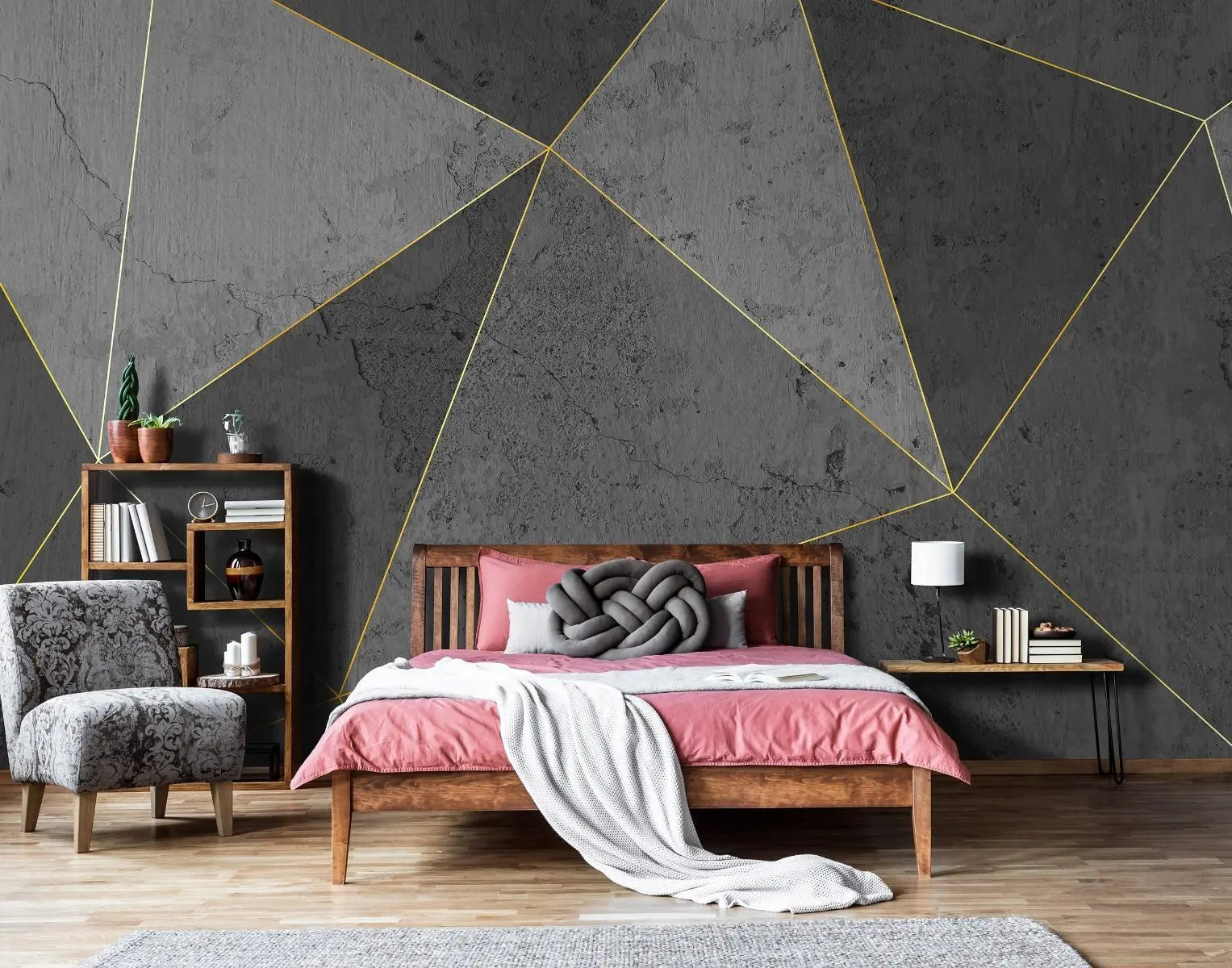Billede 3 af Fototapet - Grå betonoverflade med geometriske guldlinjer