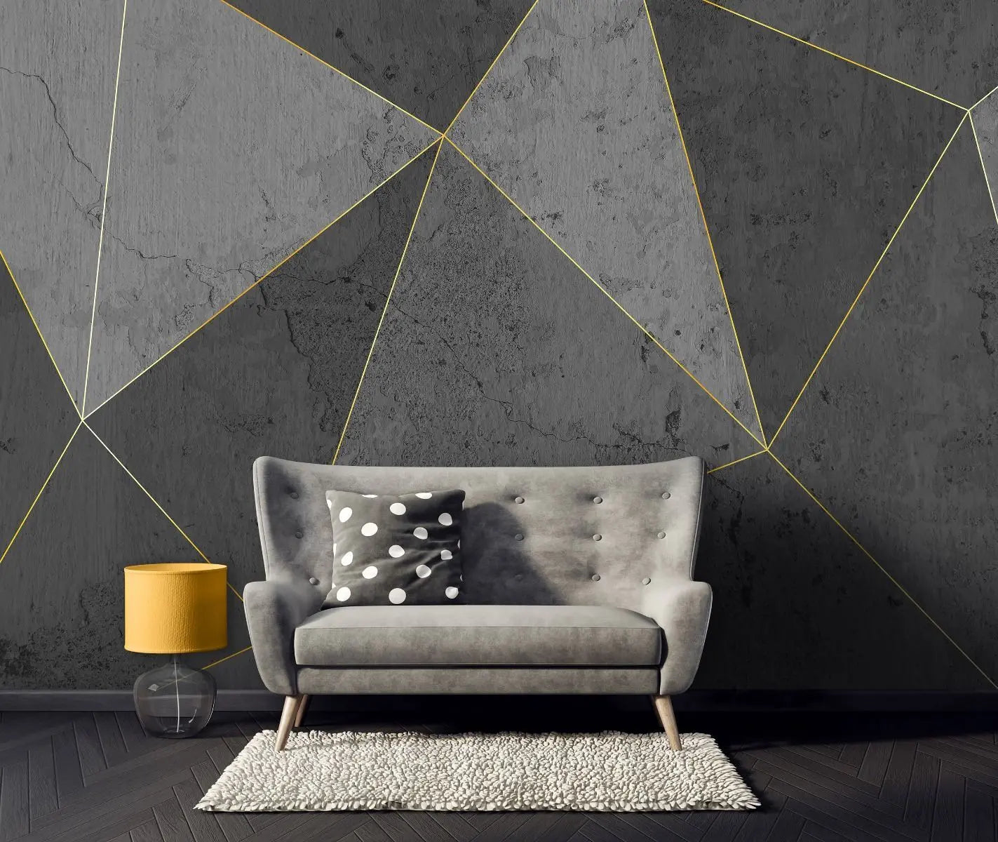 Billede 4 af Fototapet - Grå betonoverflade med geometriske guldlinjer