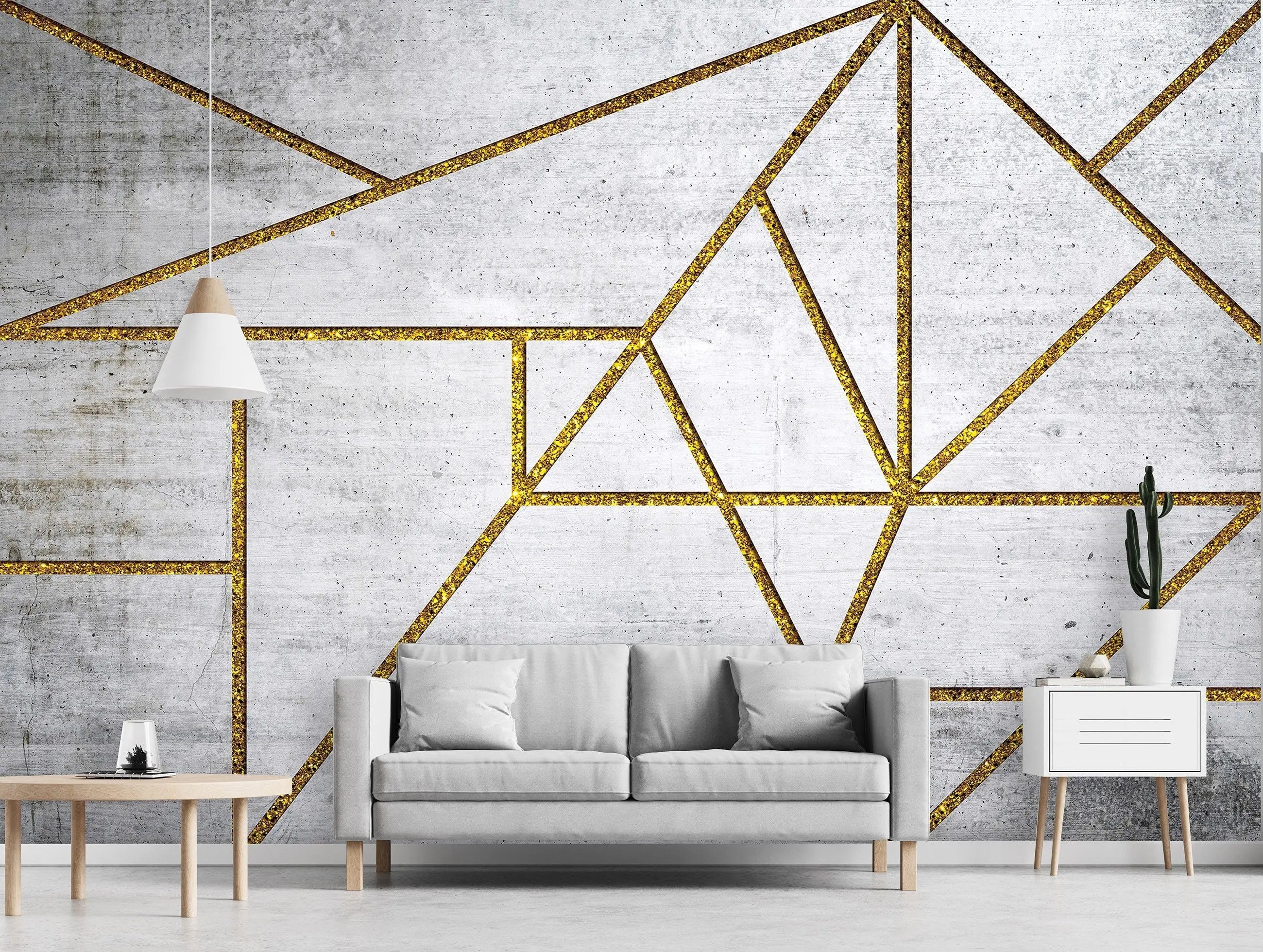 Billede 4 af Fototapet - Grå betonvæg med gyldne geometriske linjer