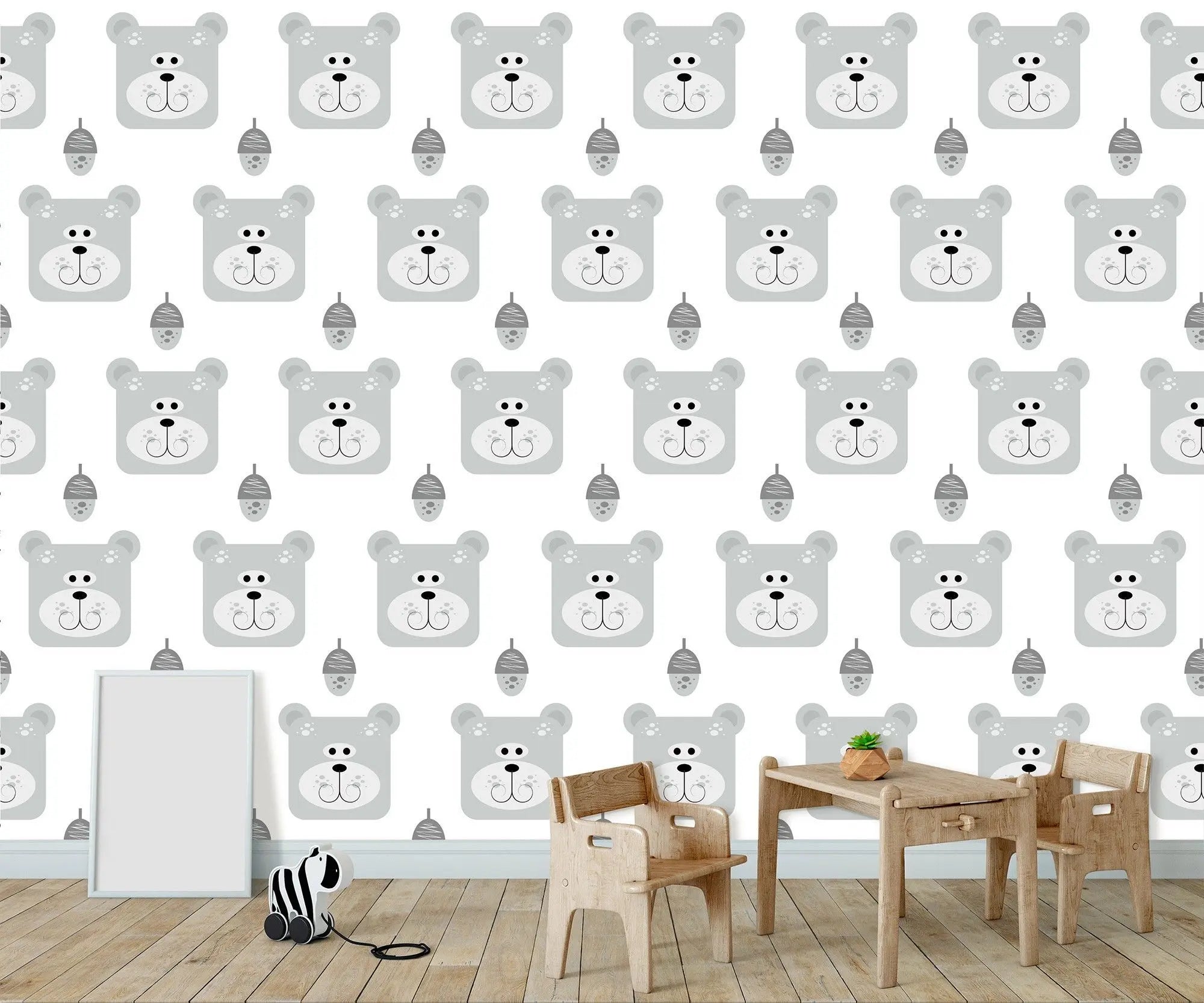 Billede 2 af Fototapet - Grå bjørnehoveder og grå honningkrukker mønster