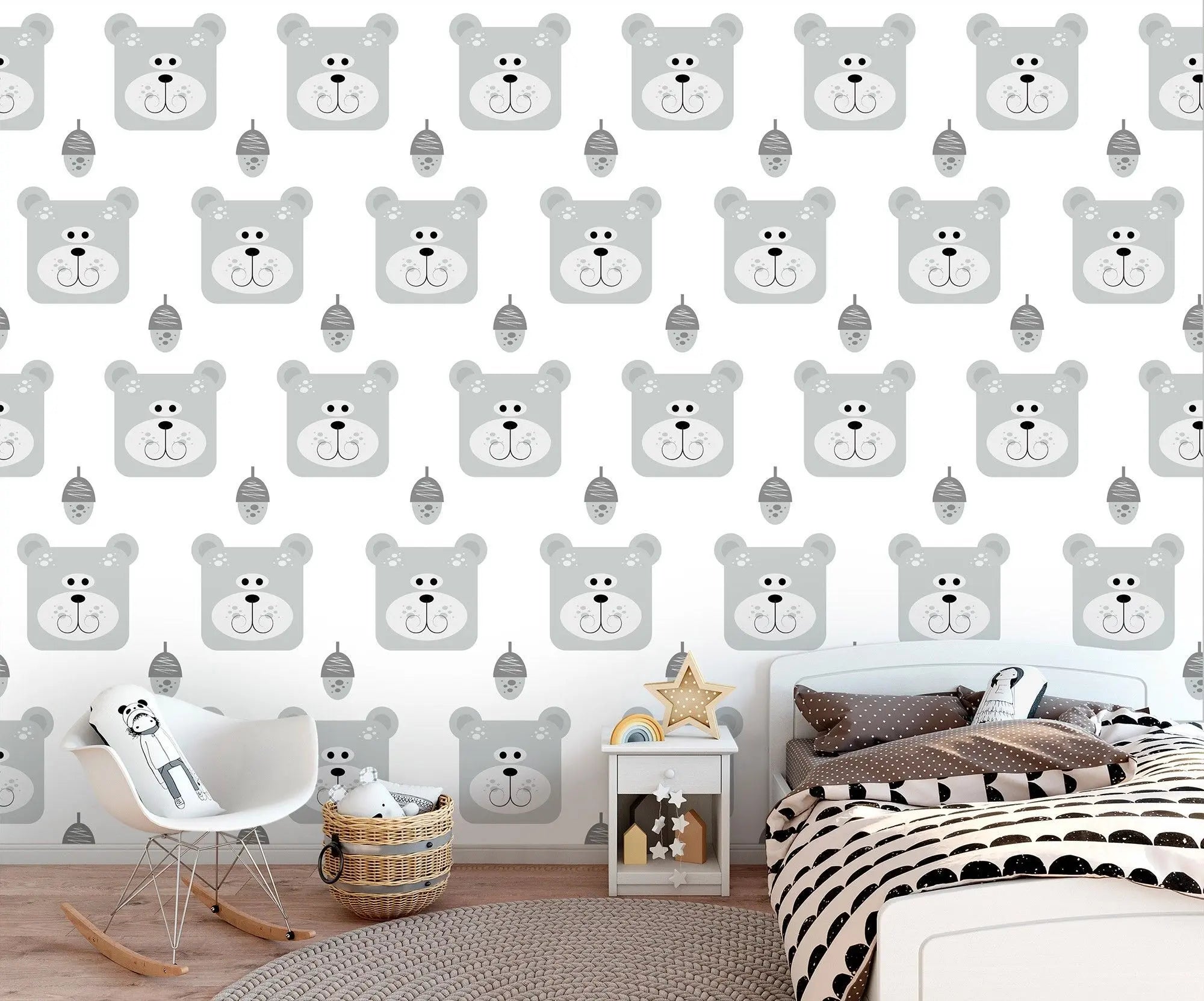 Billede 3 af Fototapet - Grå bjørnehoveder og grå honningkrukker mønster
