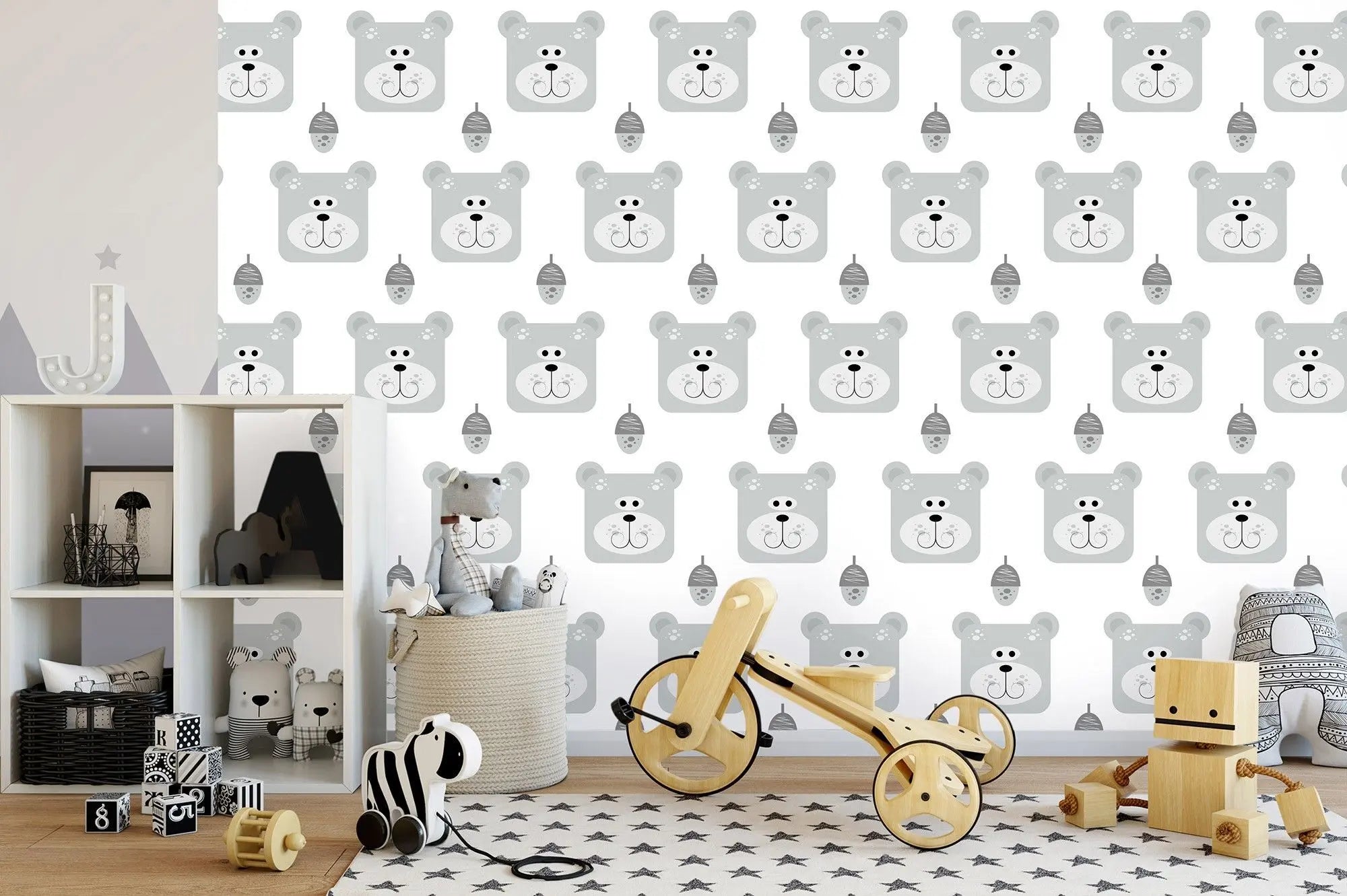 Billede 4 af Fototapet - Grå bjørnehoveder og grå honningkrukker mønster