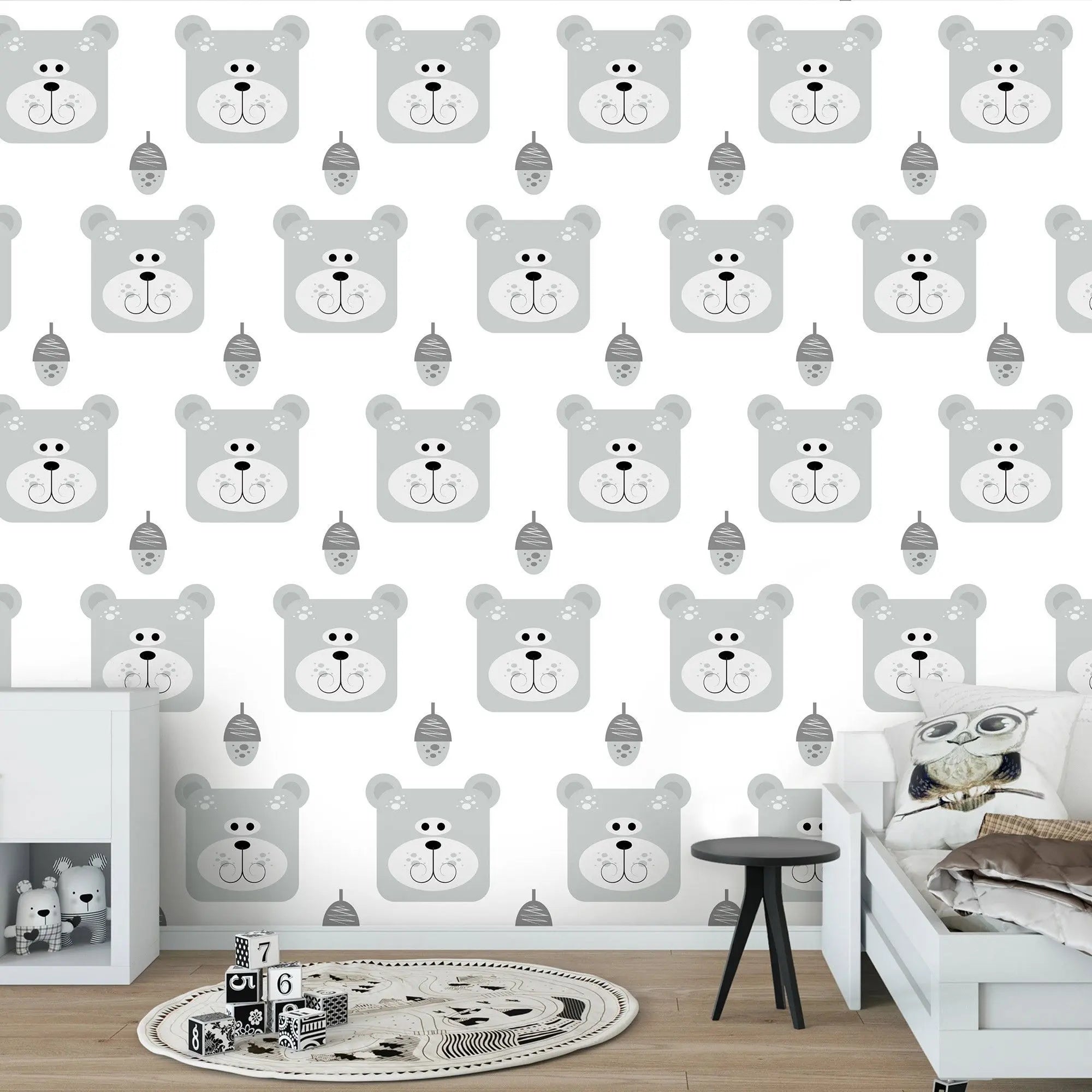Billede 5 af Fototapet - Grå bjørnehoveder og grå honningkrukker mønster