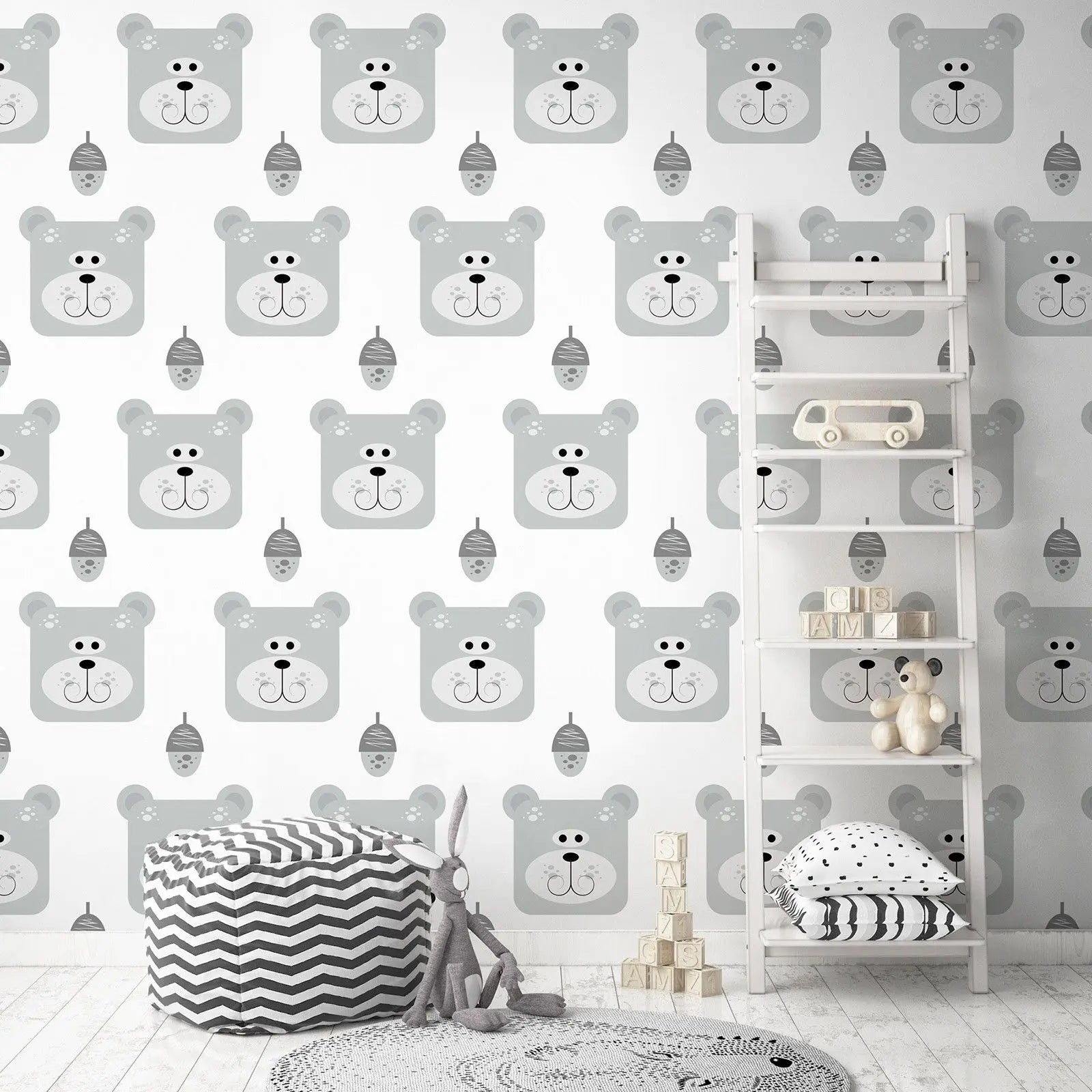 Billede 6 af Fototapet - Grå bjørnehoveder og grå honningkrukker mønster
