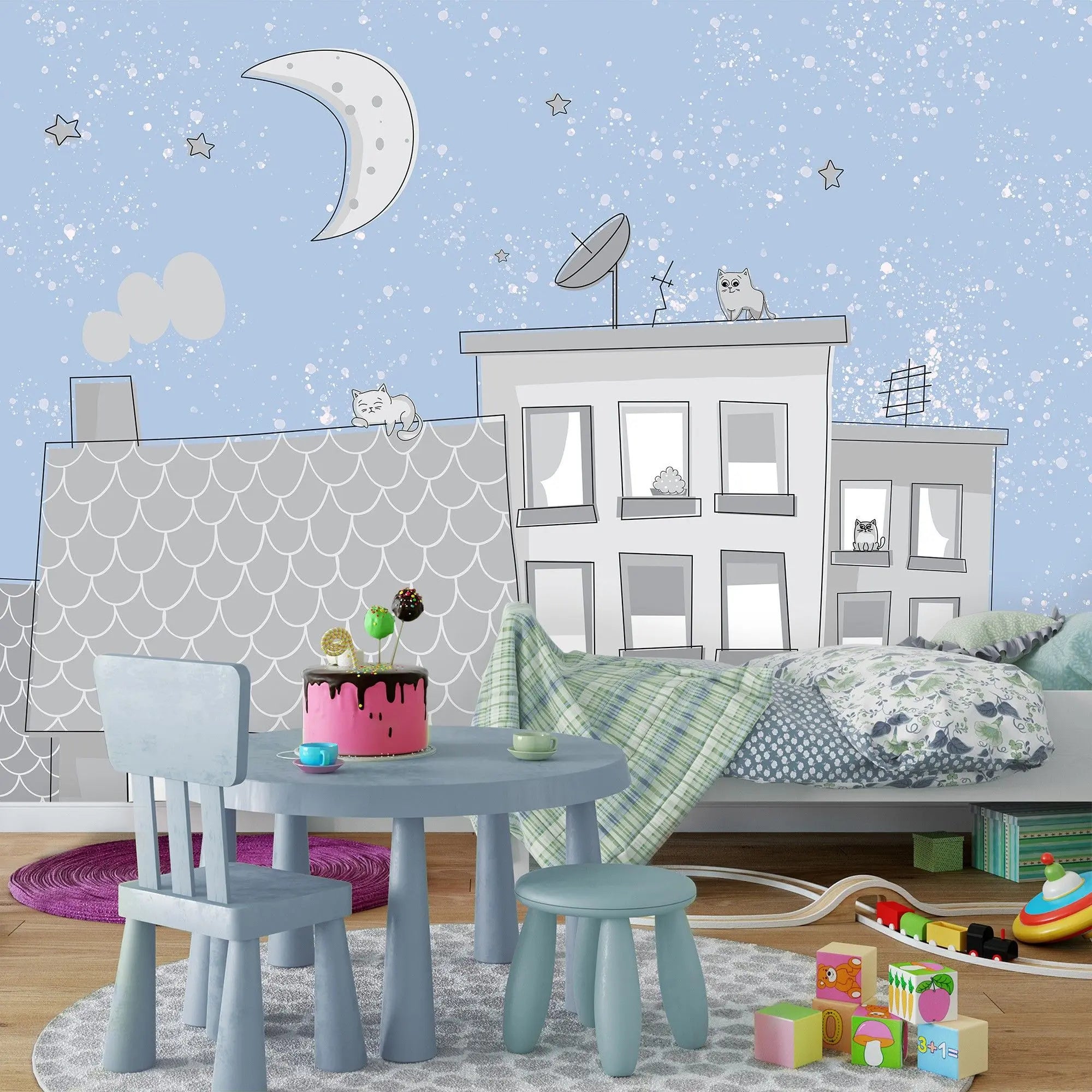 Billede 8 af Fototapet - Grå bygninger med katte og halvmåne på nattehimmel