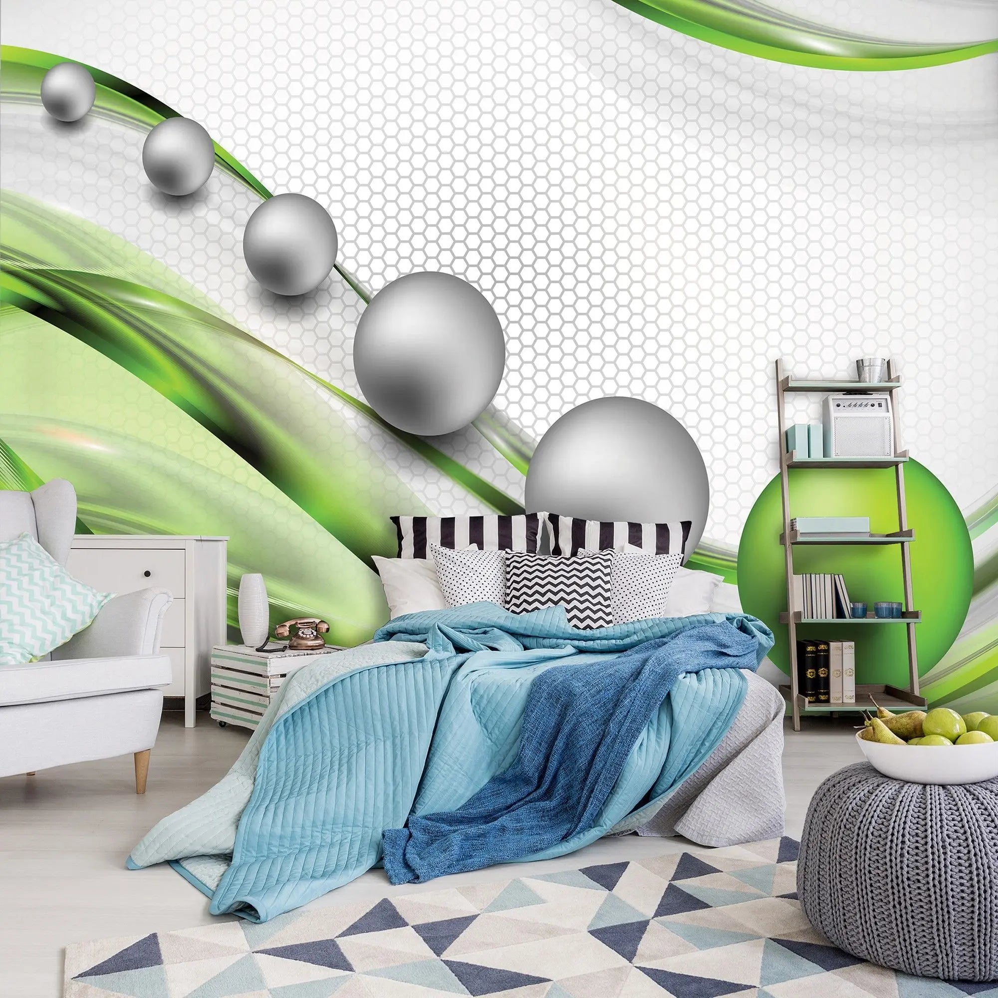 Billede 4 af Fototapet - Grå og grønne kugler på hvid baggrund med sekskantet mønster