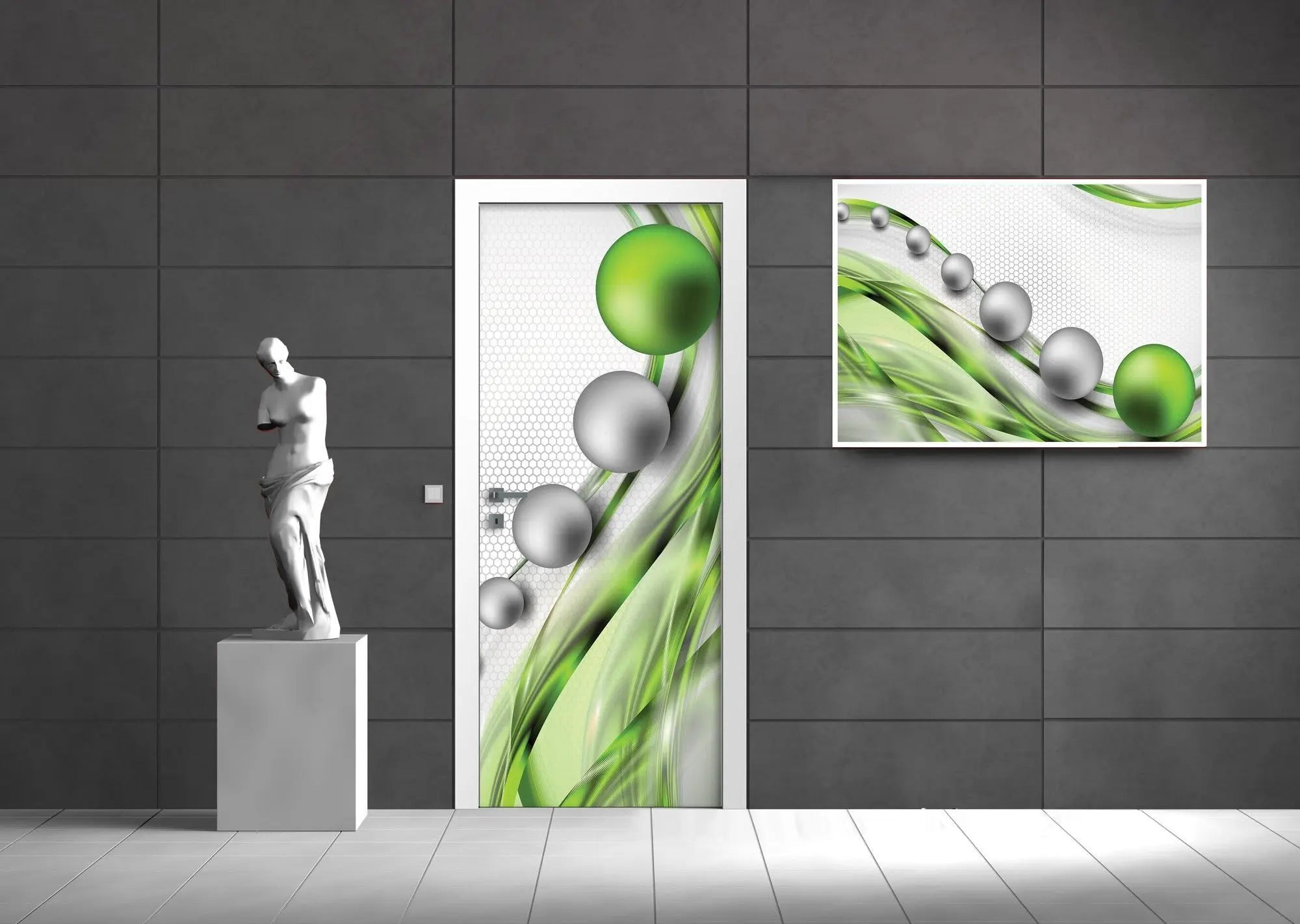 Billede 7 af Fototapet - Grå og grønne kugler på hvid baggrund med sekskantet mønster