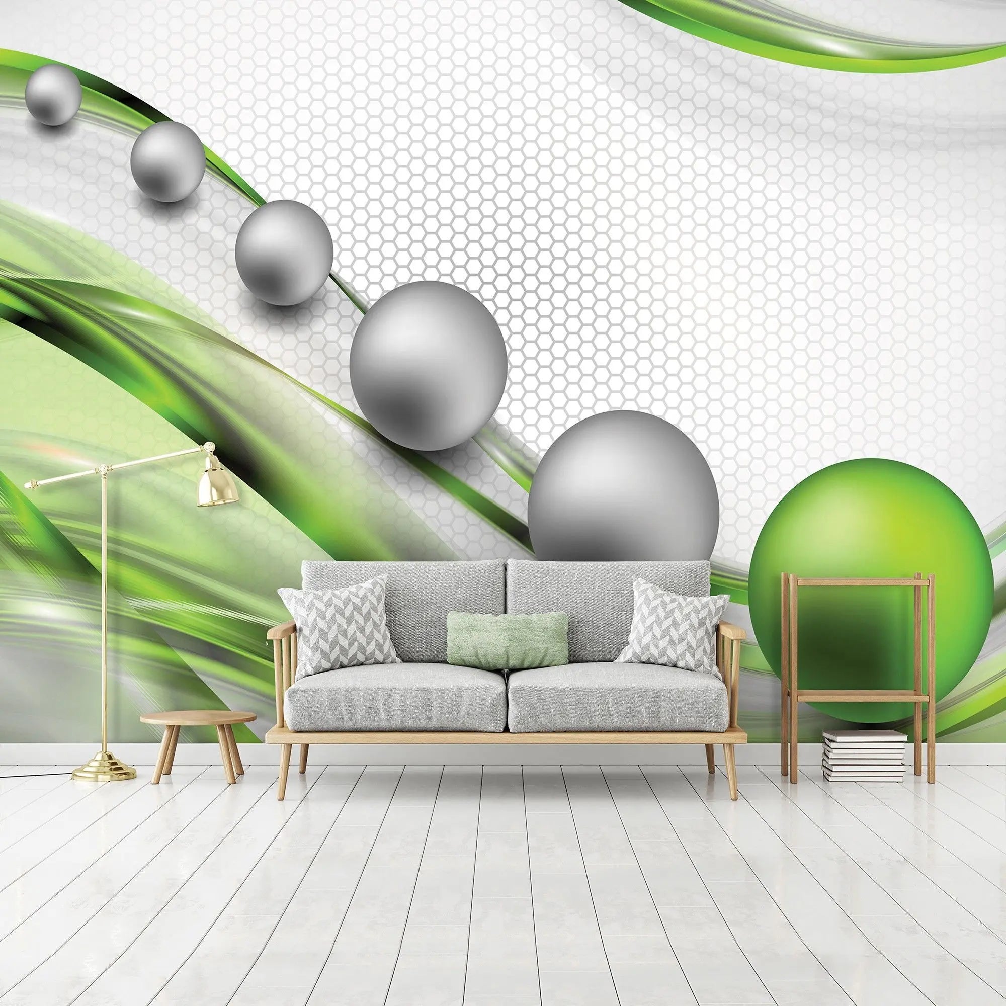 Billede 8 af Fototapet - Grå og grønne kugler på hvid baggrund med sekskantet mønster