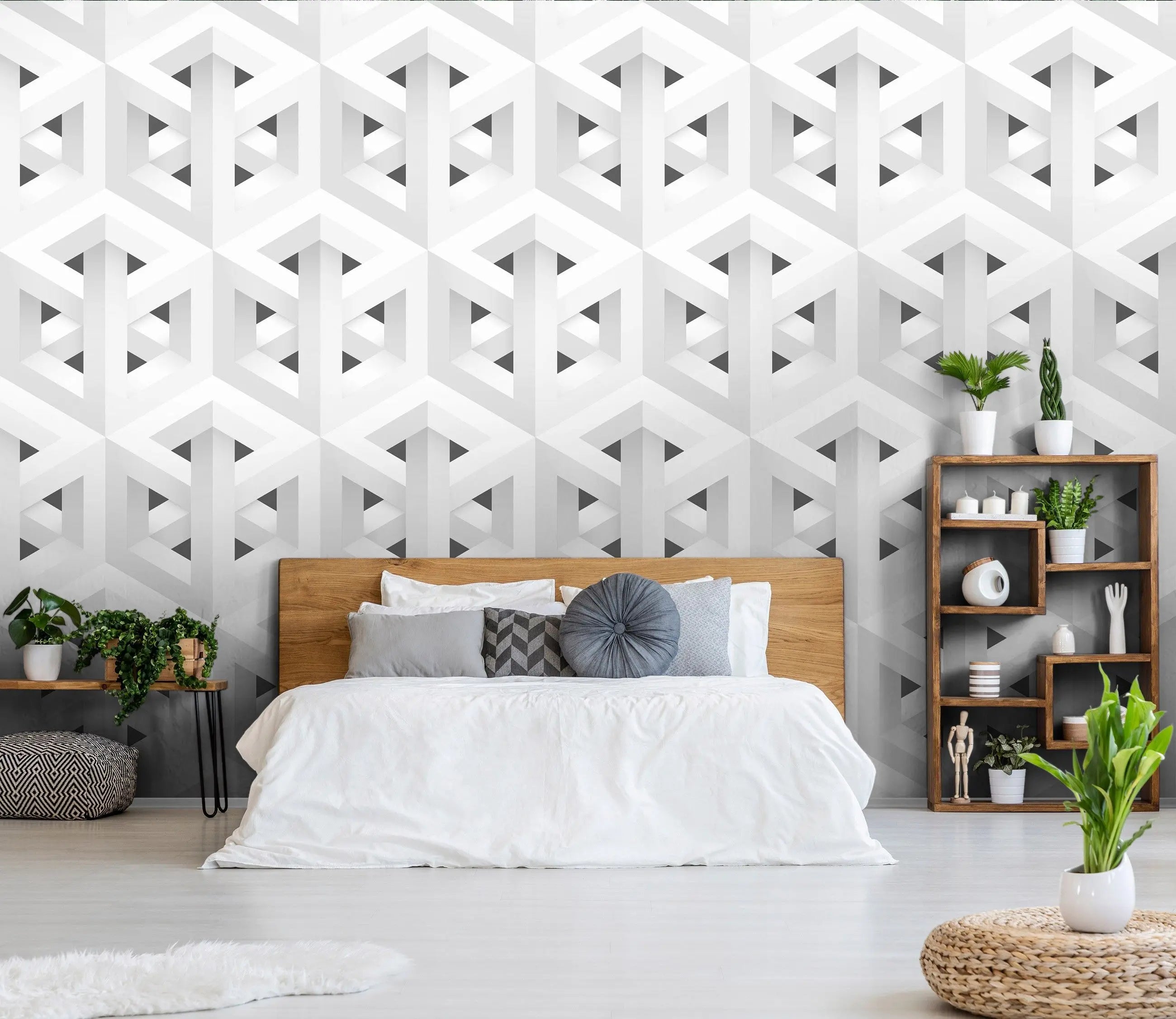 Billede 14 af Fototapet - Grå og hvid geometrisk optisk illusionsmønster