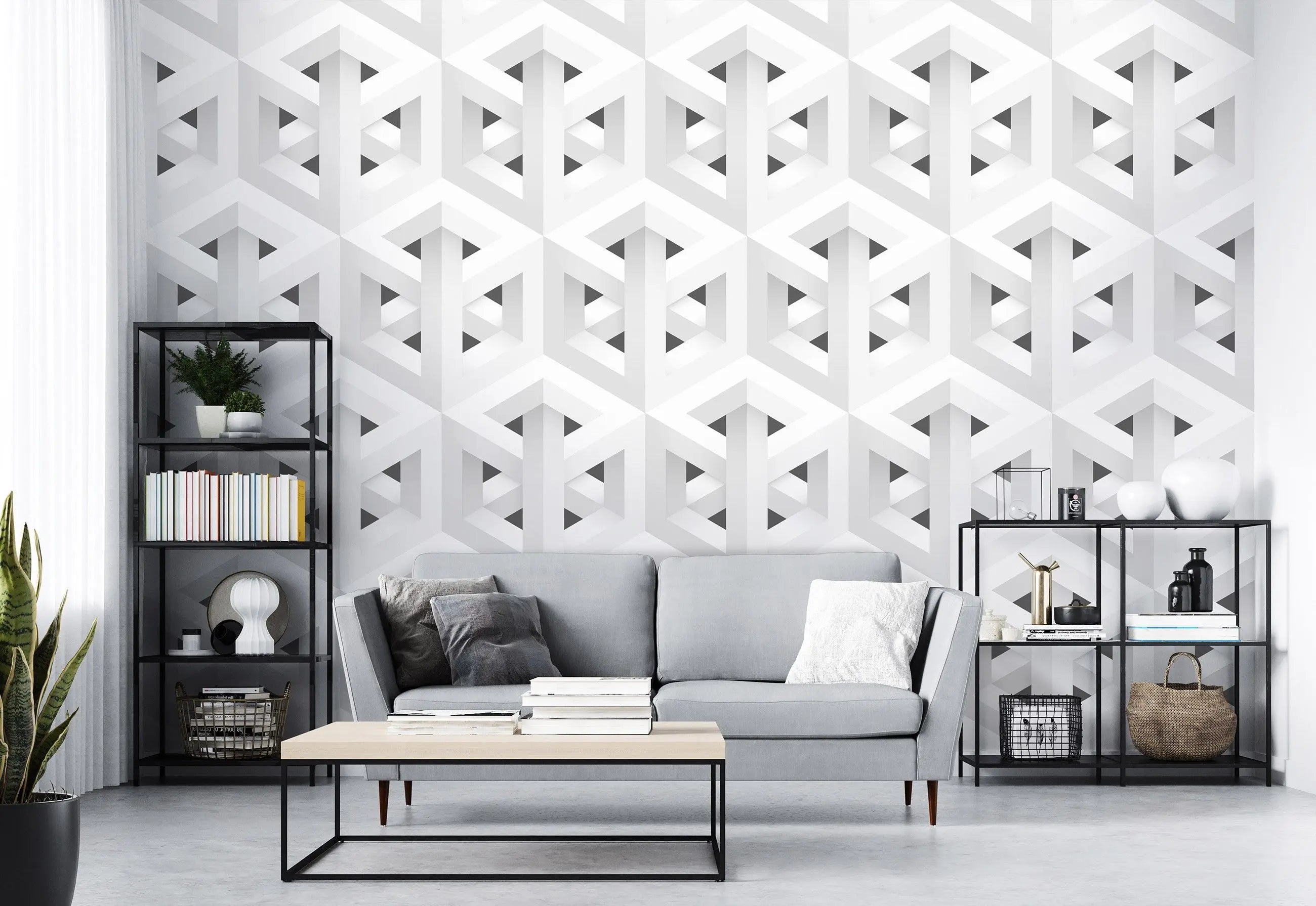 Billede 15 af Fototapet - Grå og hvid geometrisk optisk illusionsmønster