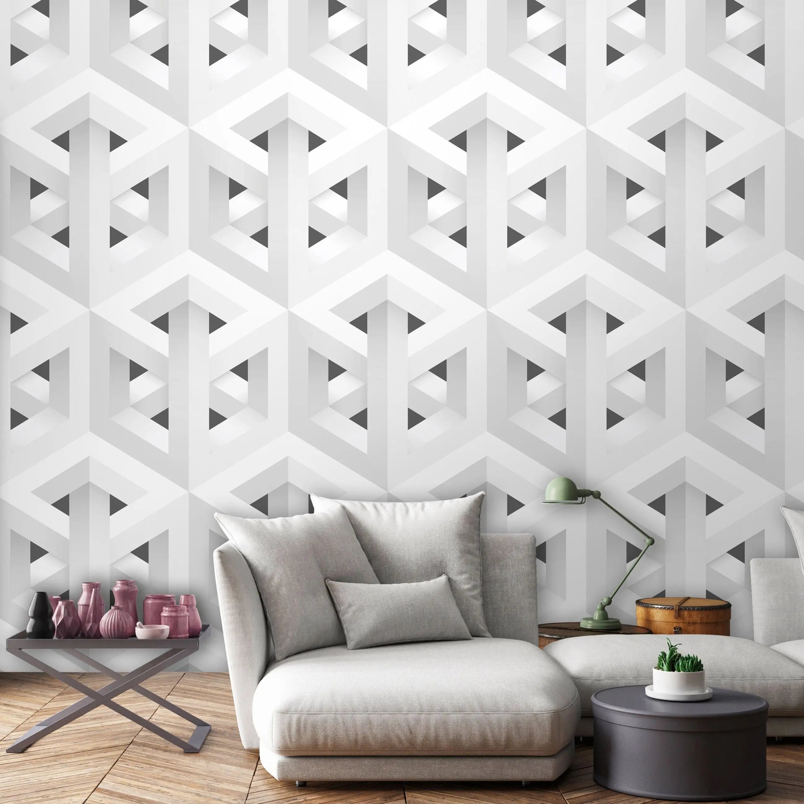Billede 16 af Fototapet - Grå og hvid geometrisk optisk illusionsmønster