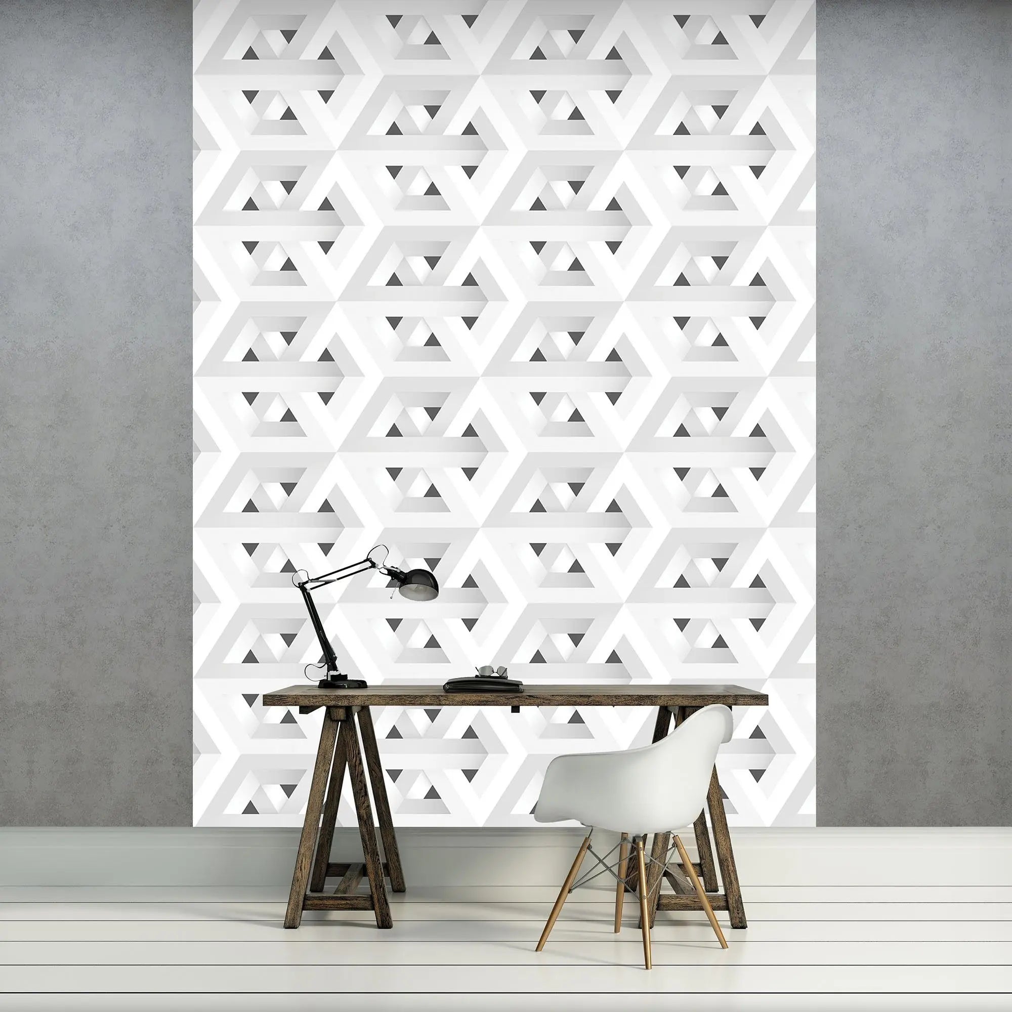 Billede 9 af Fototapet - Grå og hvid geometrisk optisk illusionsmønster