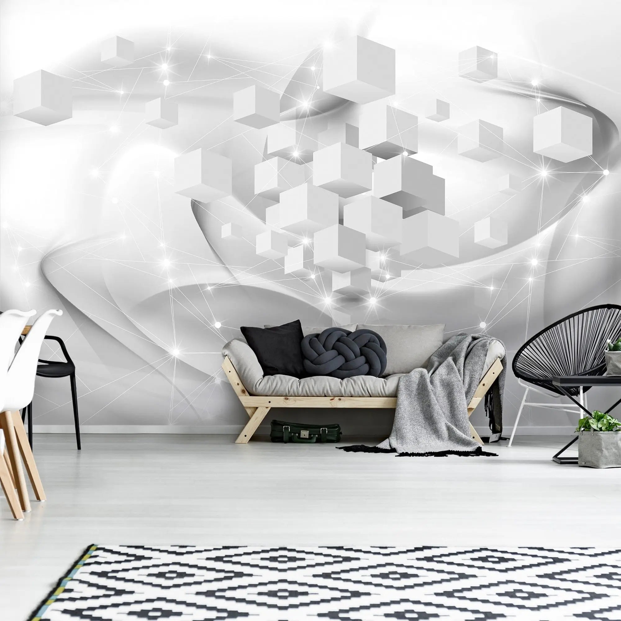 Billede 3 af Fototapet - Grå og hvide 3D-terninger med stjerneeffekt