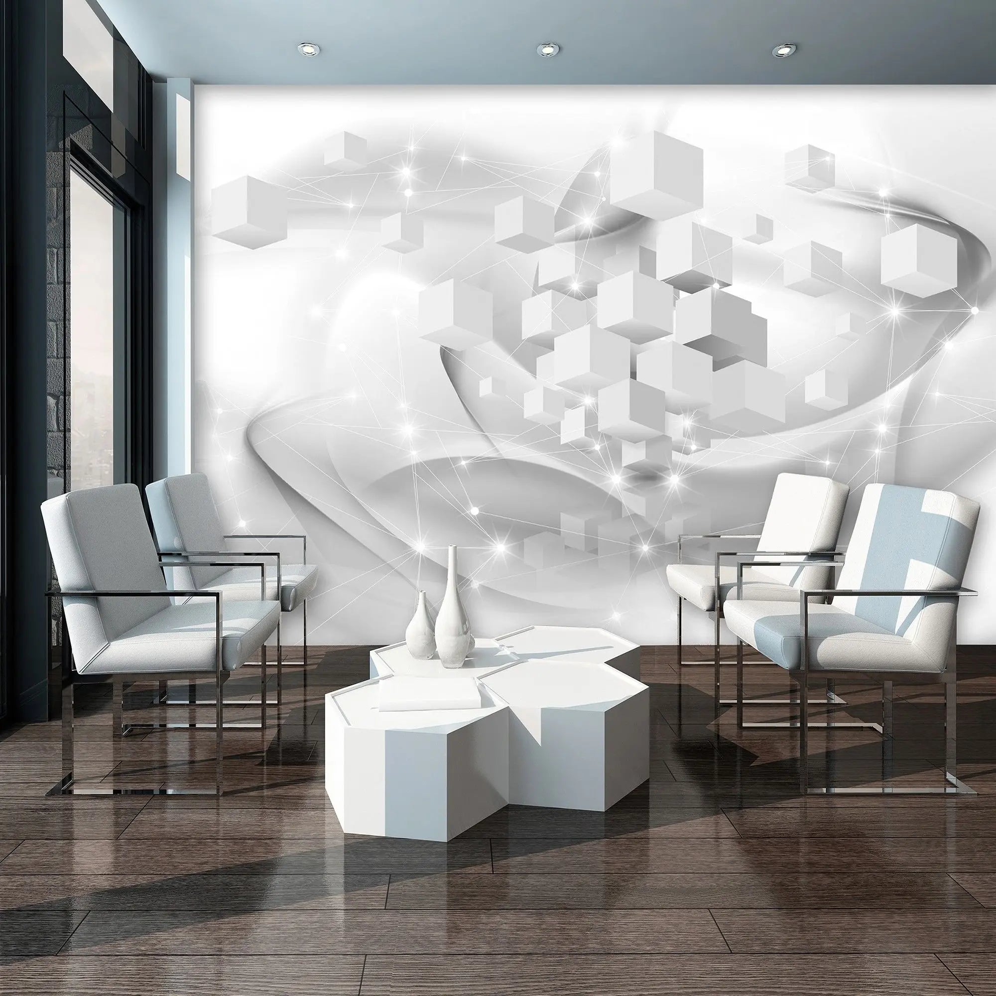 Billede 4 af Fototapet - Grå og hvide 3D-terninger med stjerneeffekt