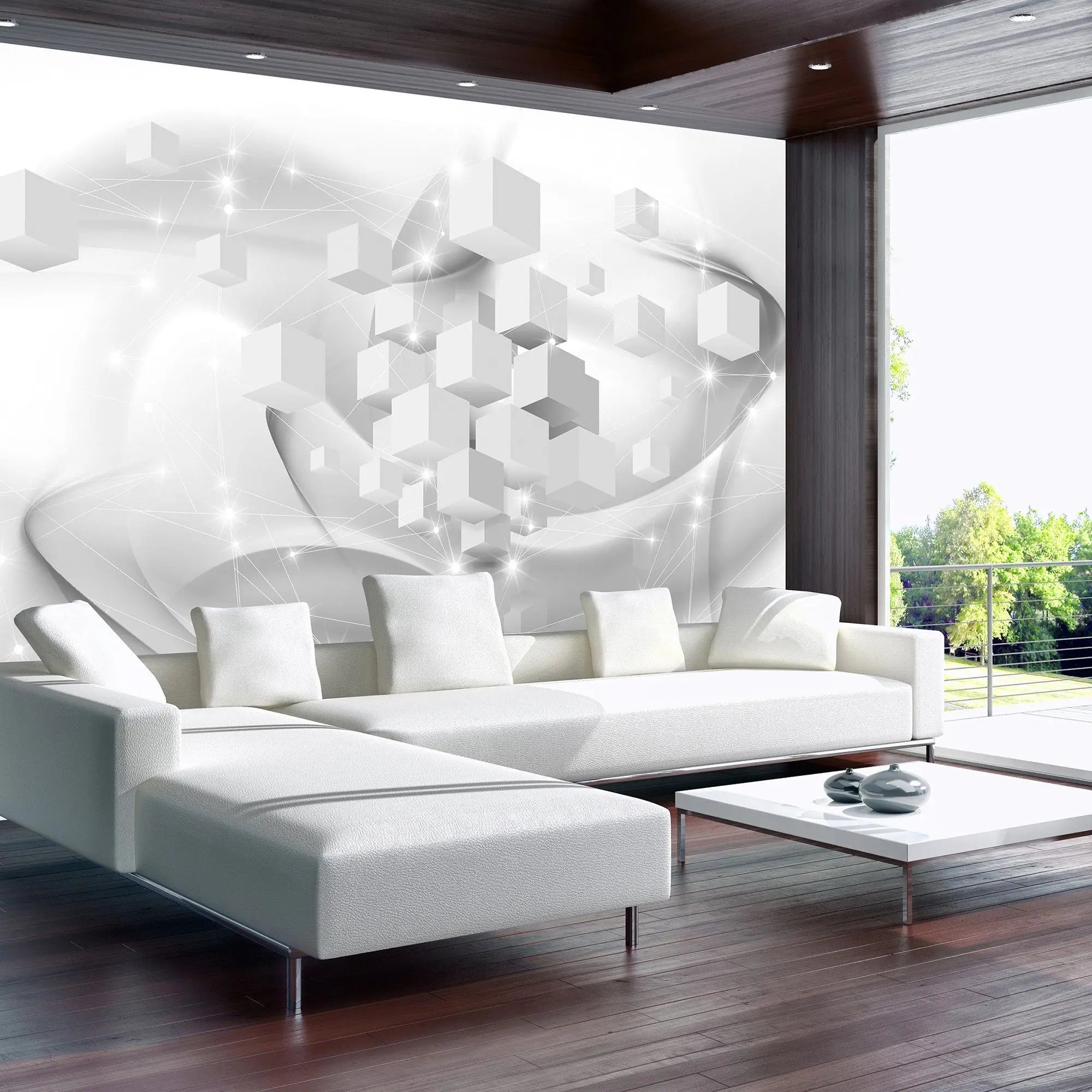 Billede 7 af Fototapet - Grå og hvide 3D-terninger med stjerneeffekt