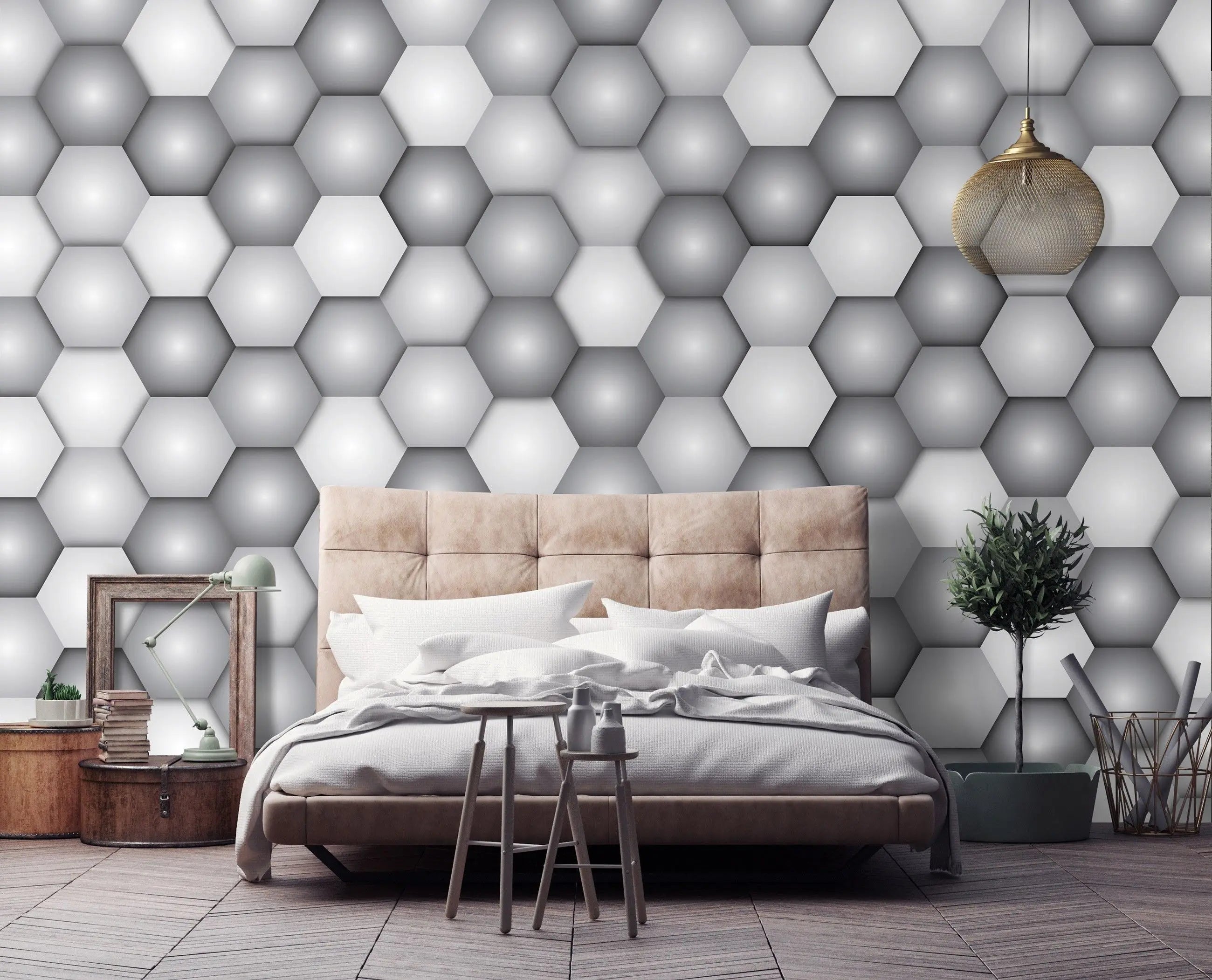 Billede 11 af Fototapet - Grå og hvide hexagoner i mønster