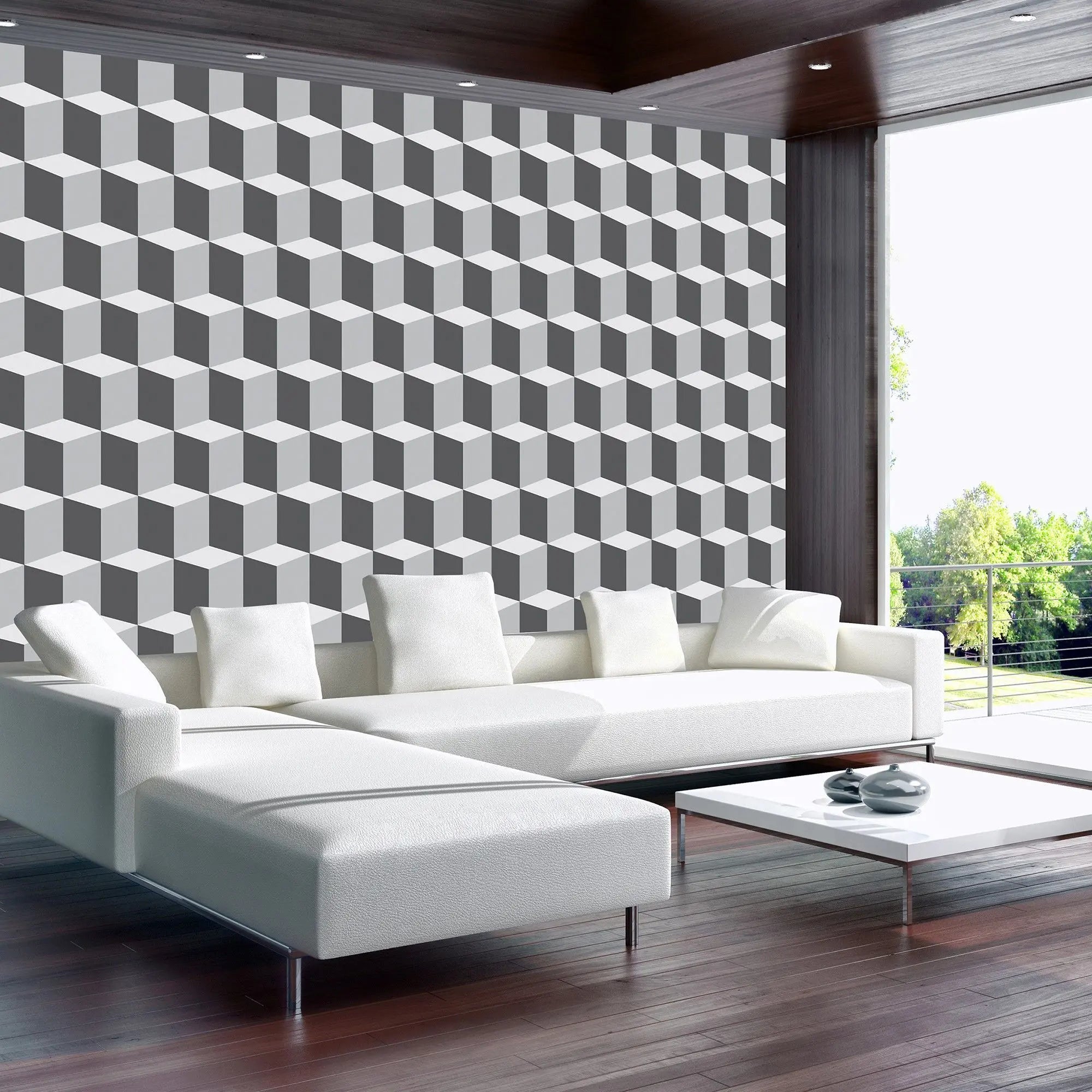 Billede 4 af Fototapet - Grå og hvidt tredimensionelt terningemønster