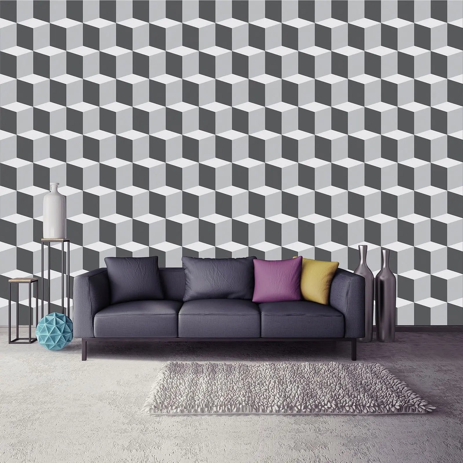 Billede 7 af Fototapet - Grå og hvidt tredimensionelt terningemønster