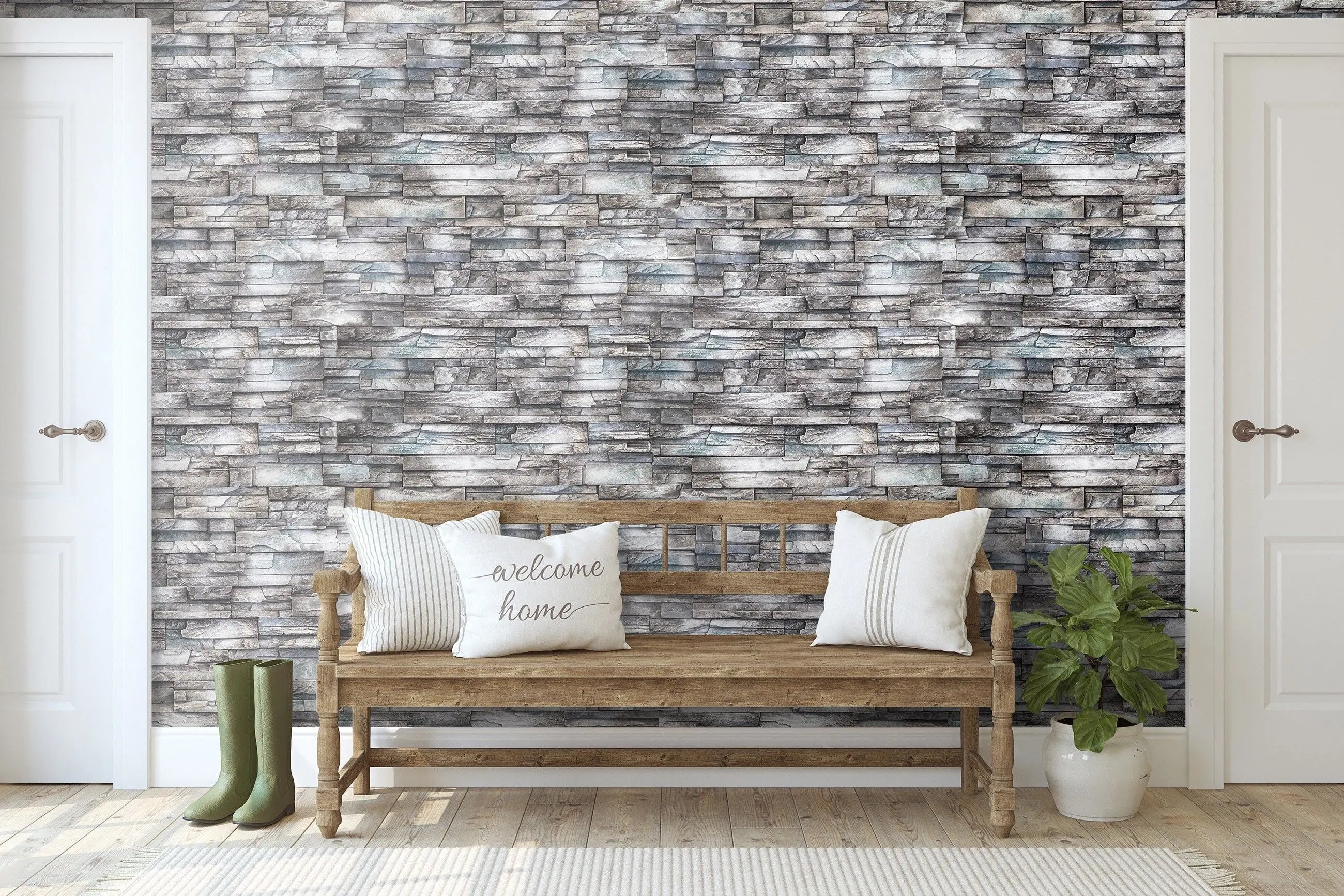 Billede 11 af Fototapet - Grå stenvæg med mønstret struktur