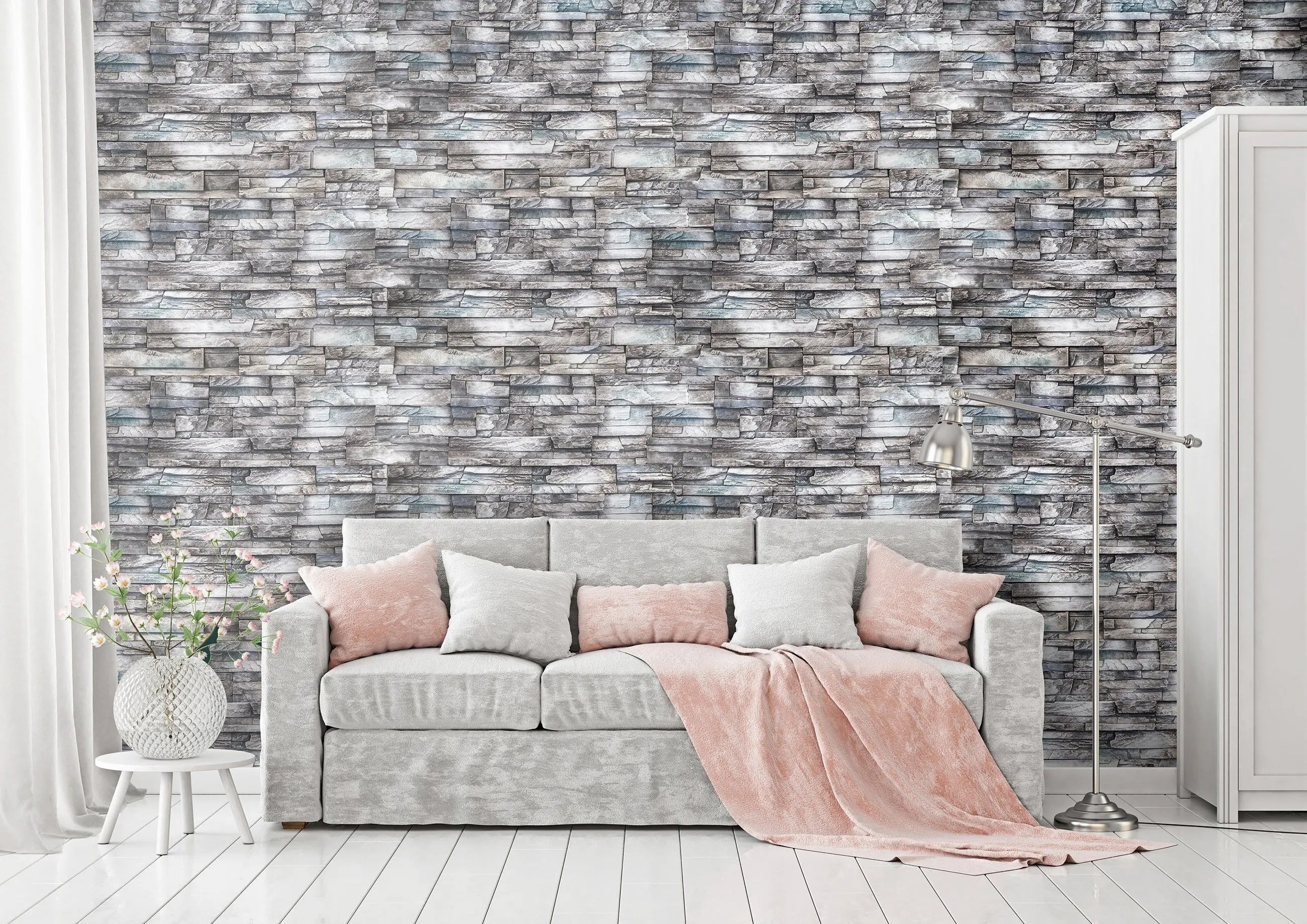 Billede 12 af Fototapet - Grå stenvæg med mønstret struktur